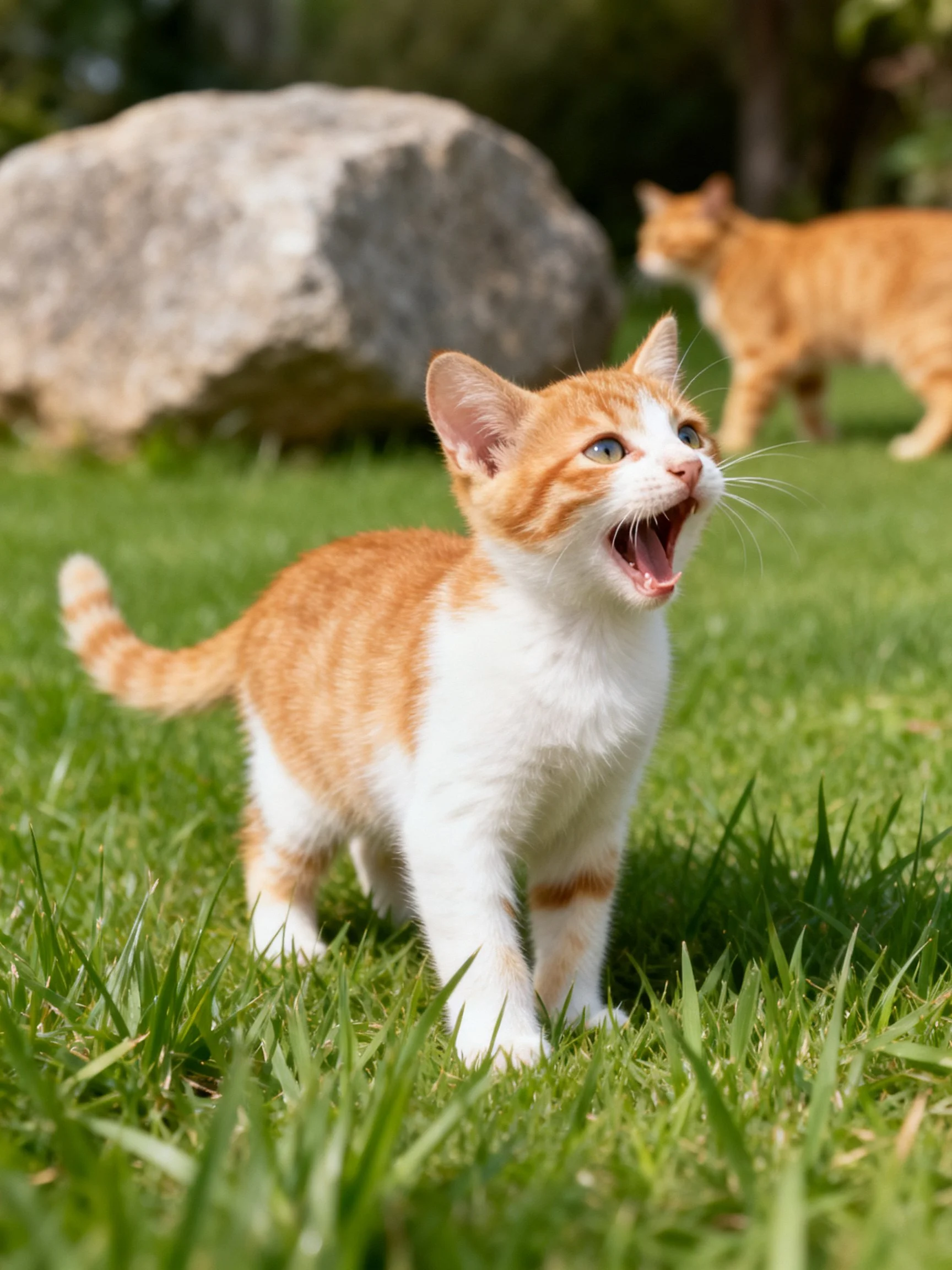 Two orange tabby kittens explore a sunny grassy area near a large rock