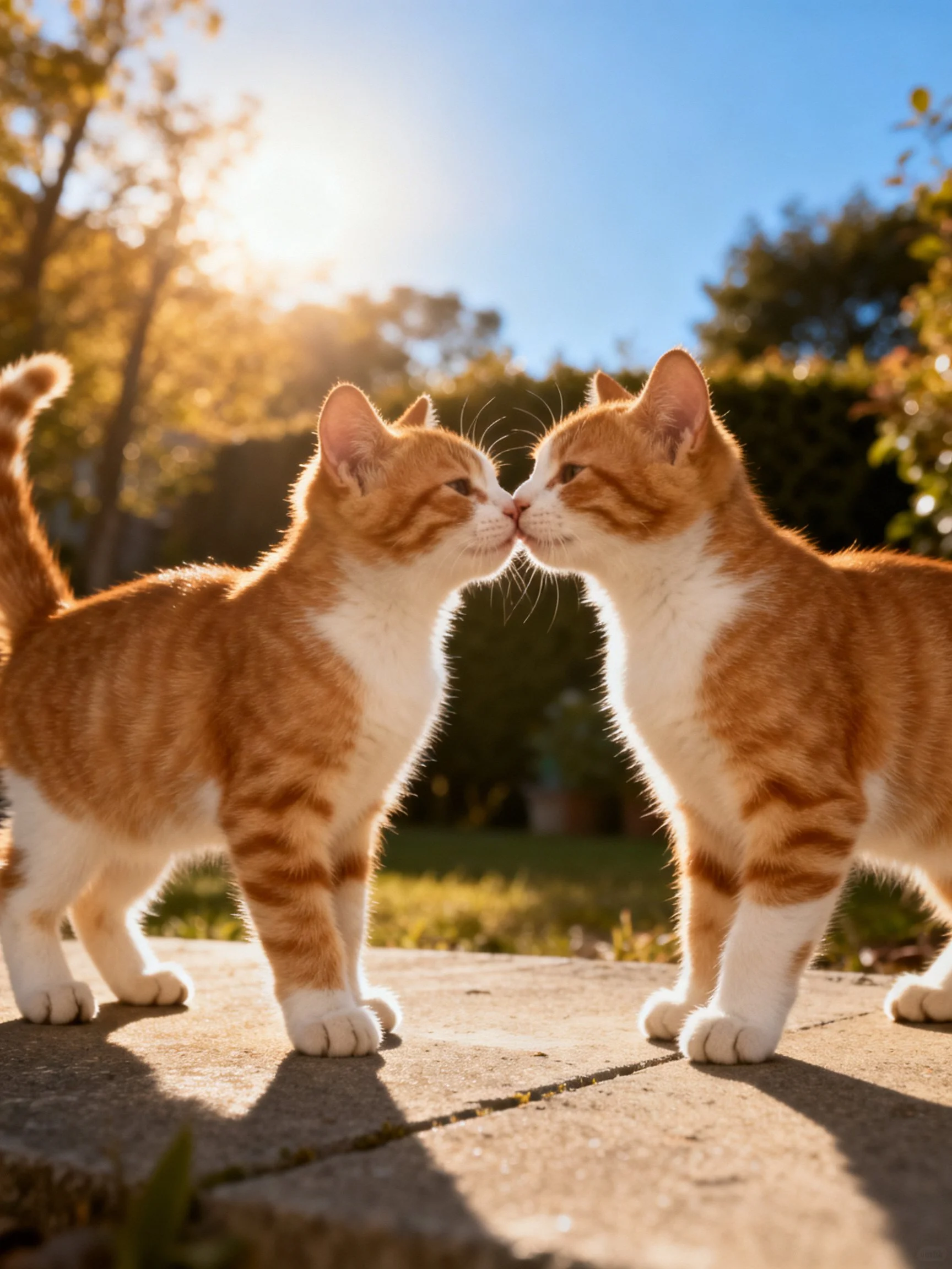 Two orange tabby kittens nuzzle in a sunlit garden