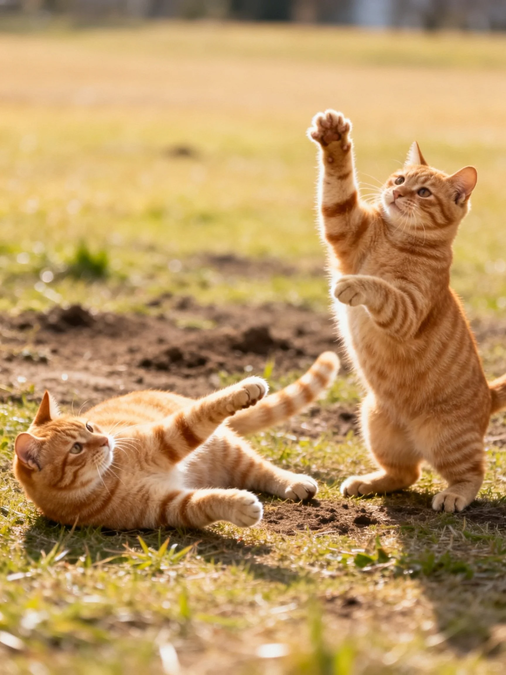 Two orange tabby kittens play energetically on a sunlit grassy field