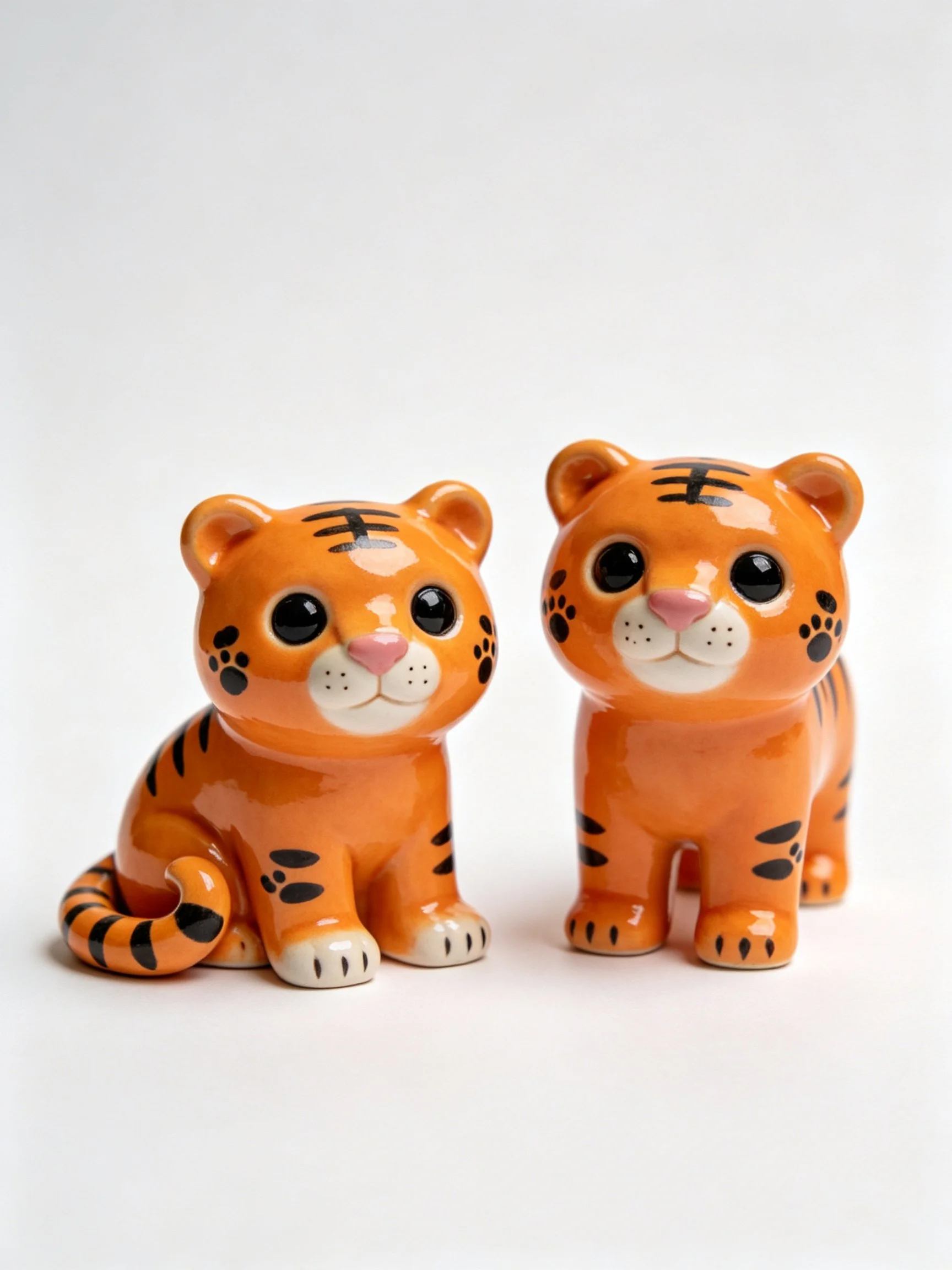 Two orange tiger figurines with black stripes on white surface