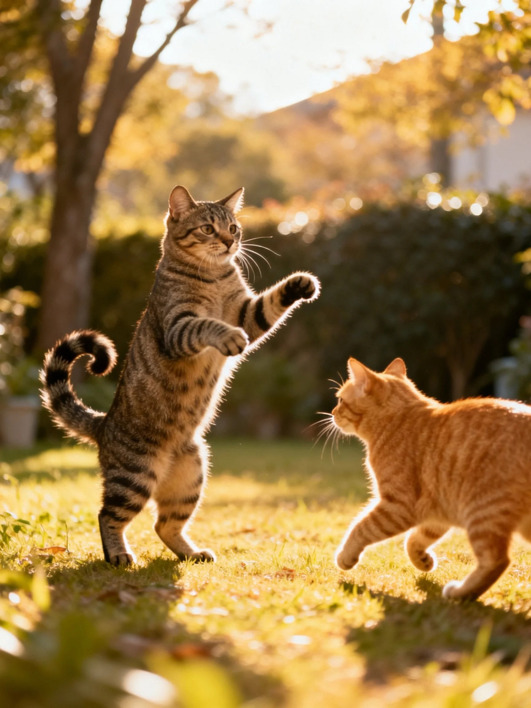 Two tabby and orange cats interact in a sunlit garden