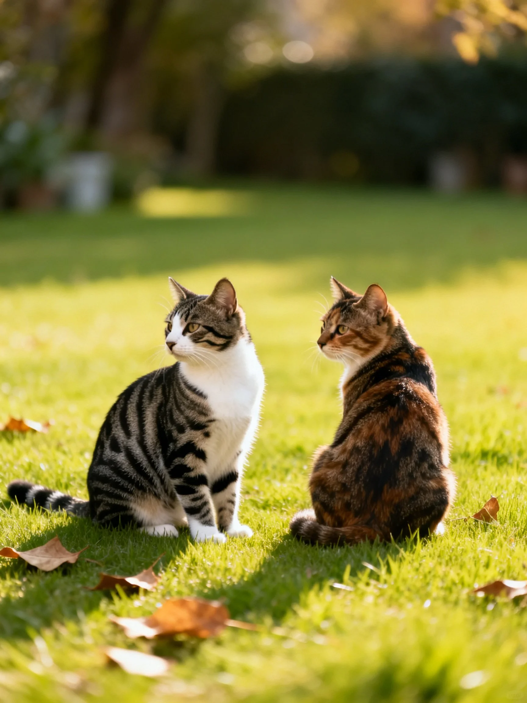 Two cats—one tabby, one tortoiseshell—sit together on a sunlit lawn.