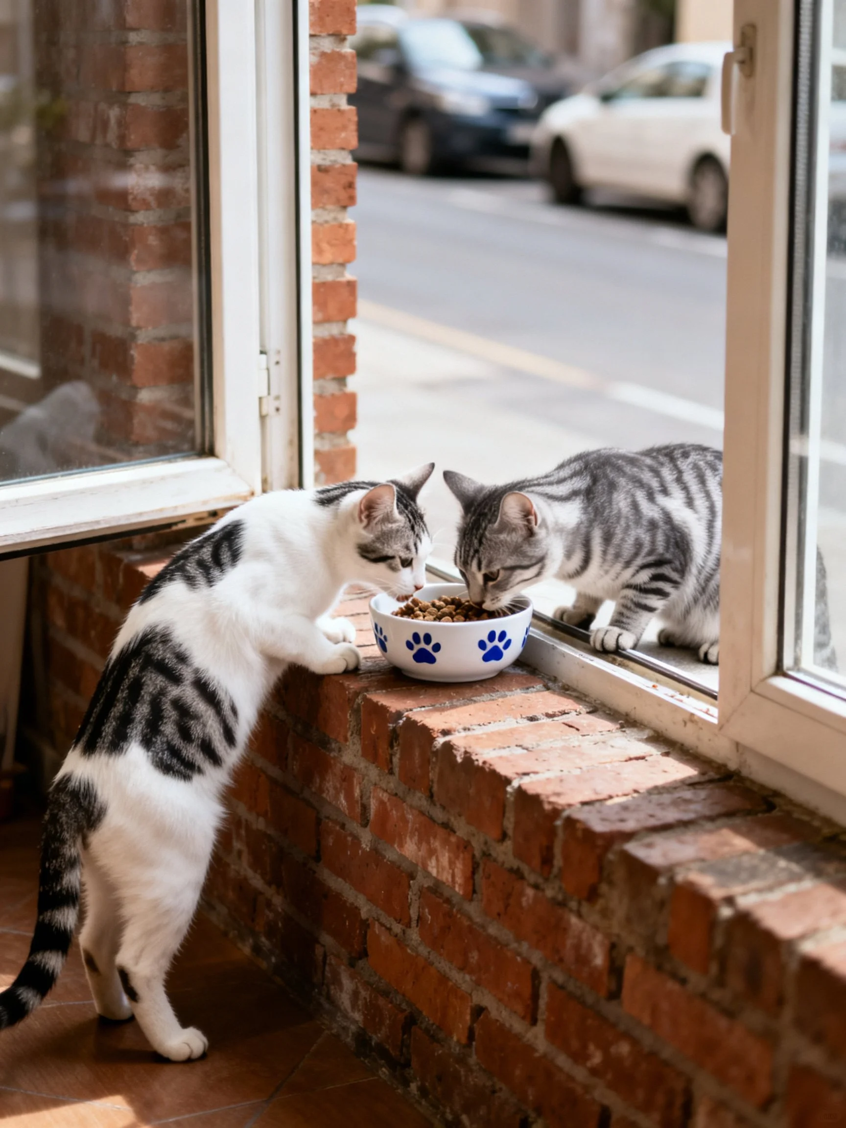 Two tabby and white cats eat from a paw-print bowl by an open window