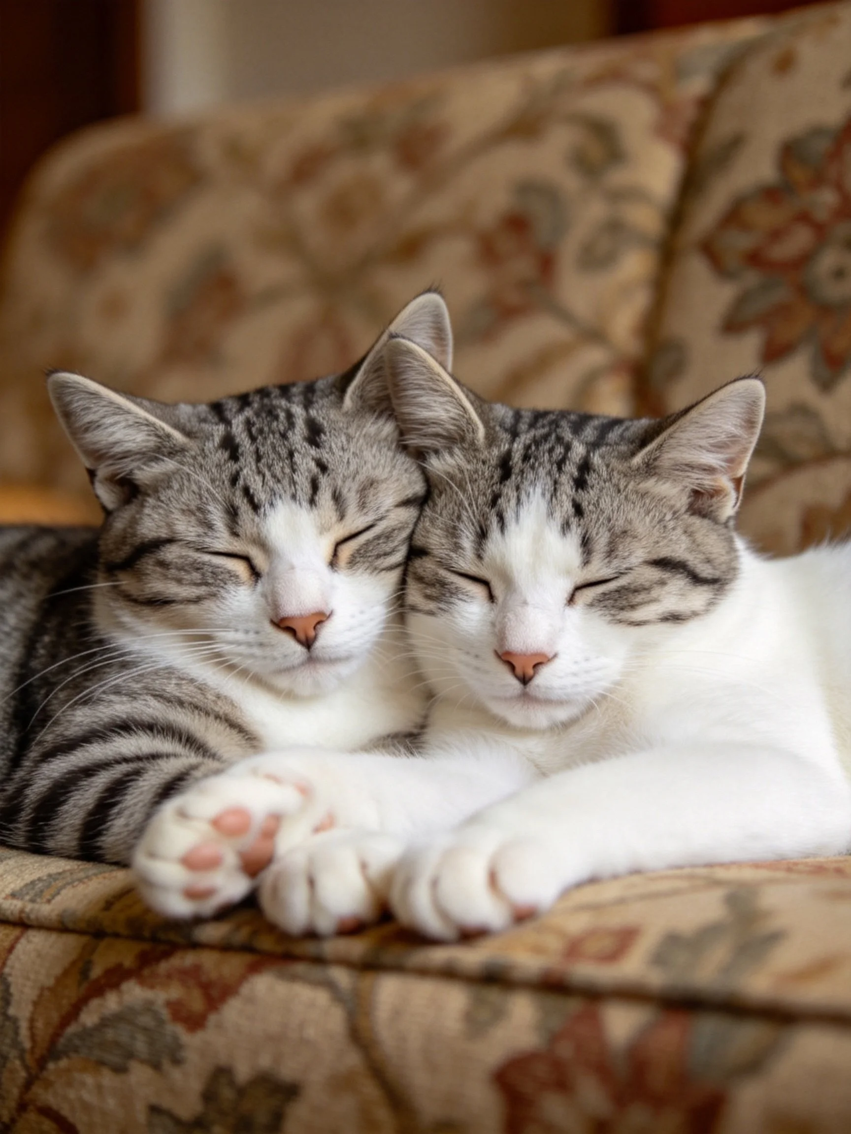 Two tabby and white cats napping closely on a floral-patterned couch
