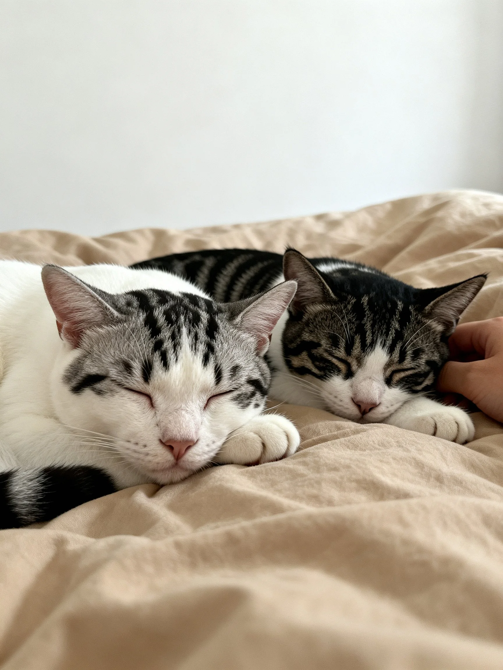 Two tabby and white cats napping on a beige bedspread