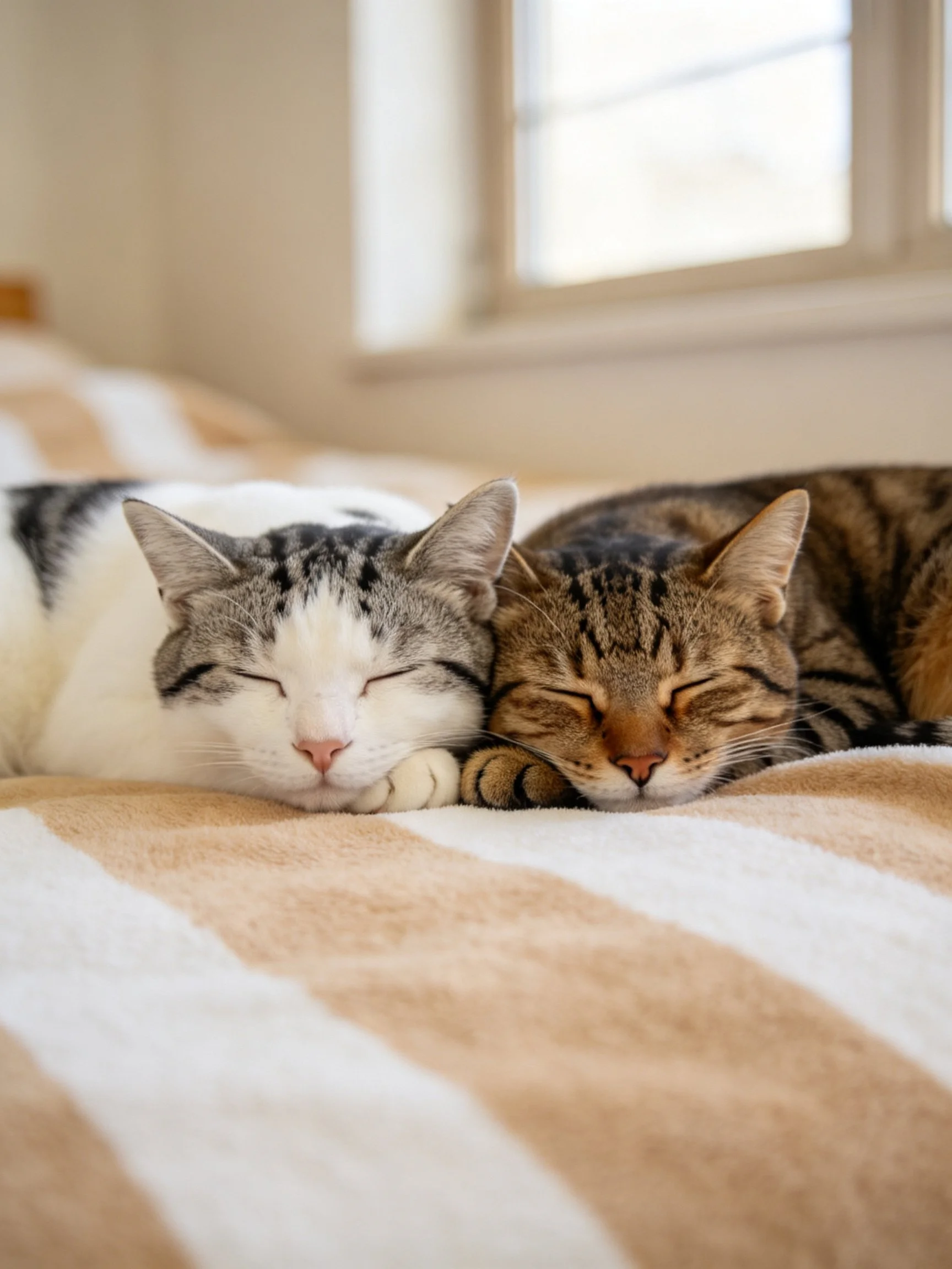 Two tabby and white cats resting on a striped bedspread
