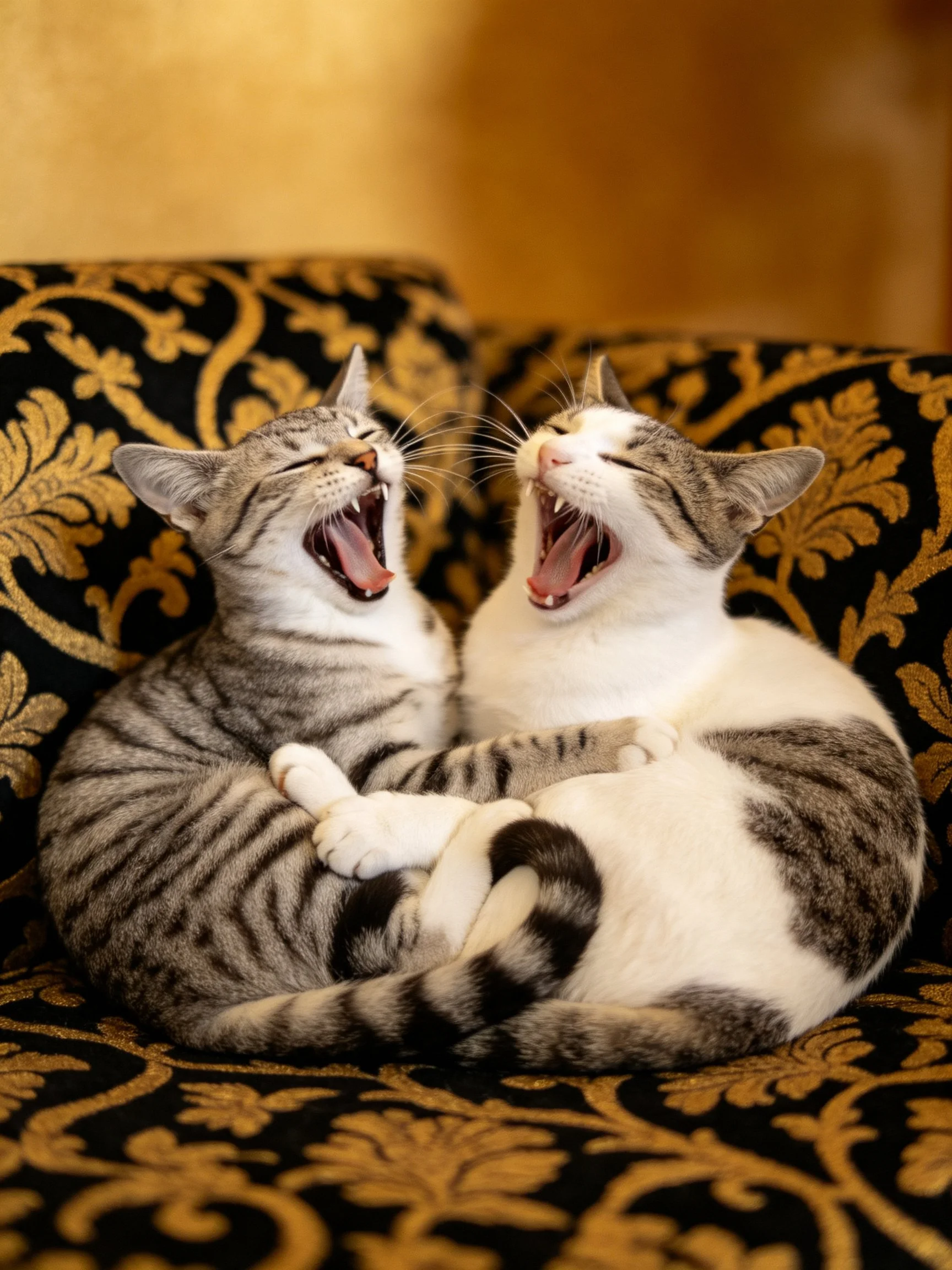 Two tabby and white cats yawning on an ornate black-gold couch