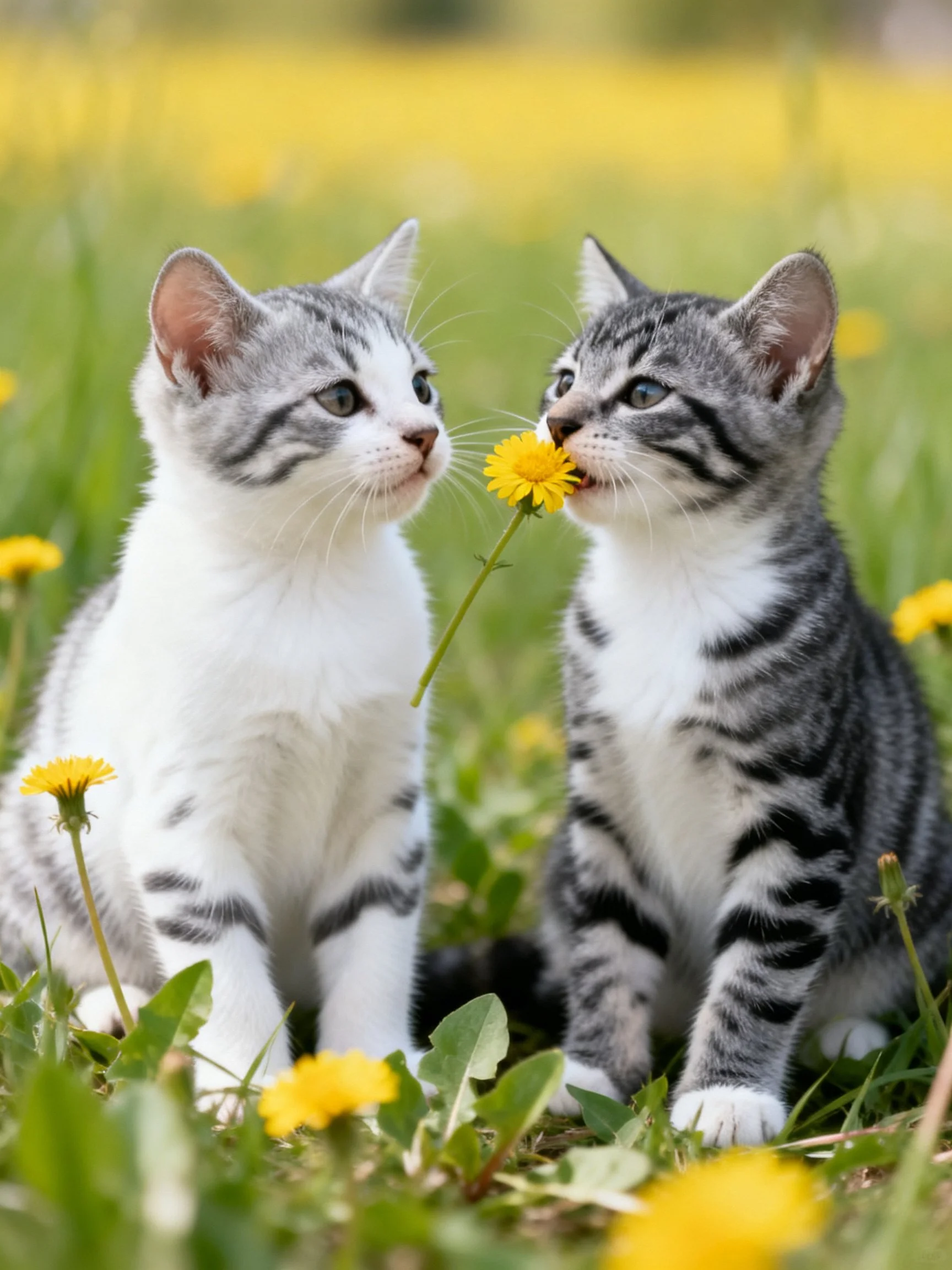 Two tabby and white kittens with yellow flowers in a green meadow