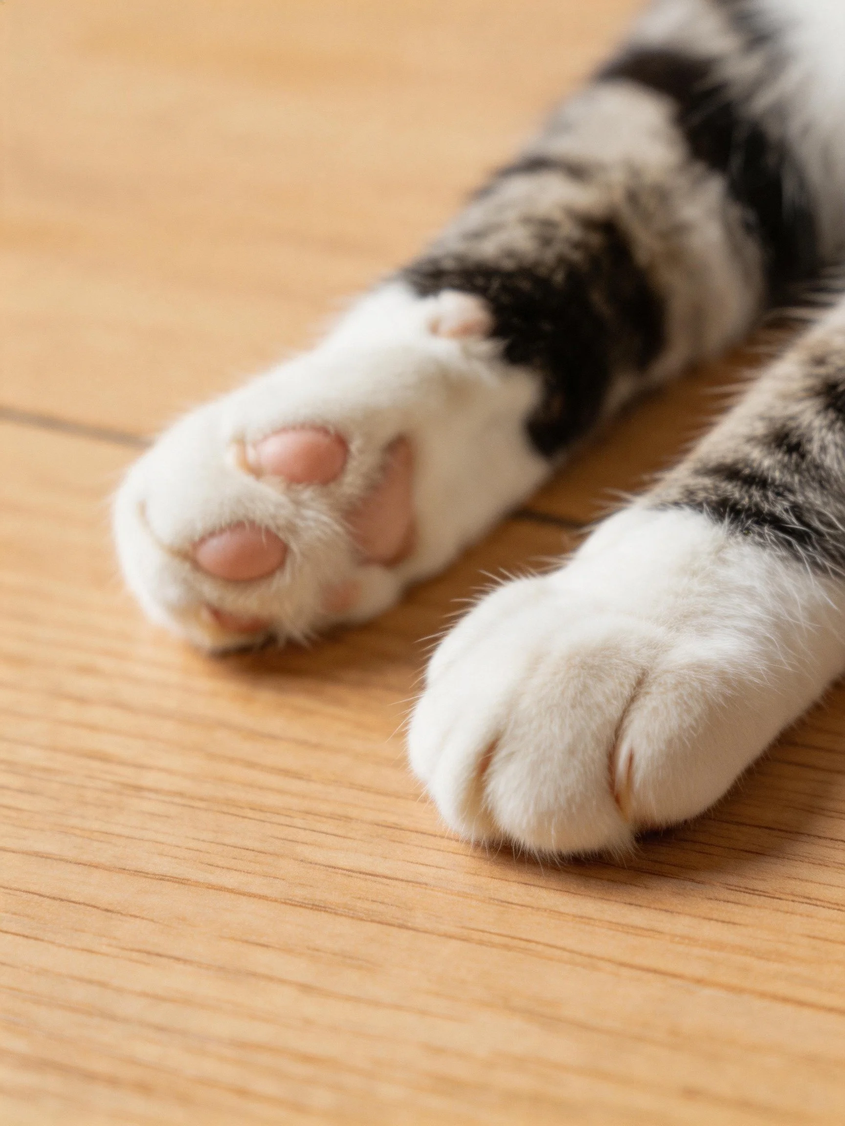 Two tabby cat paws with black and white fur rest on a wooden floor.