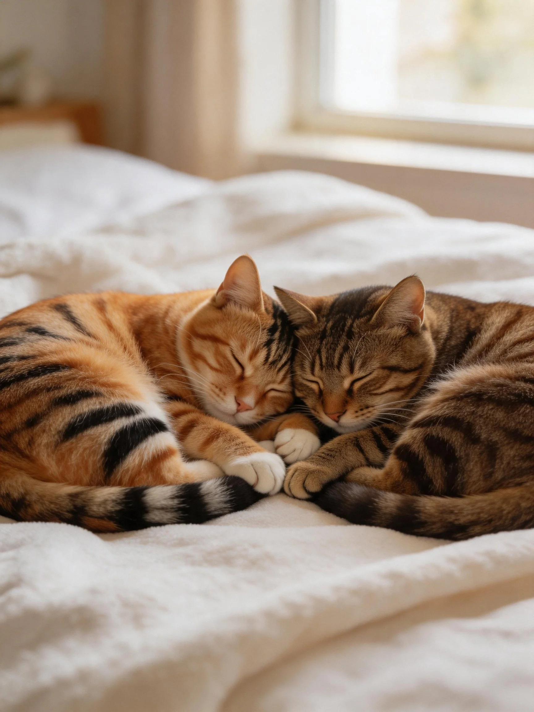 Two tabby cats cuddle closely on a white bed near a bright window