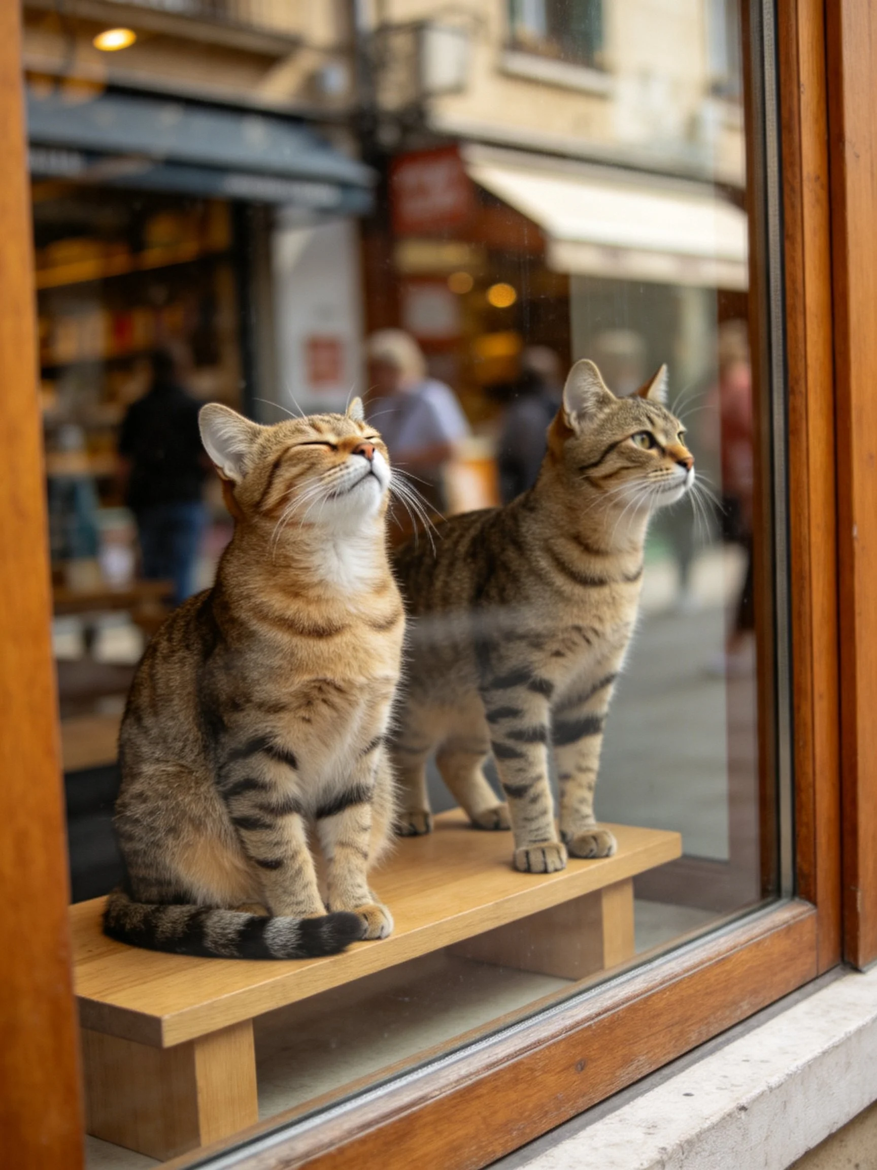 Two tabby cats displayed on a wooden platform in a shop window