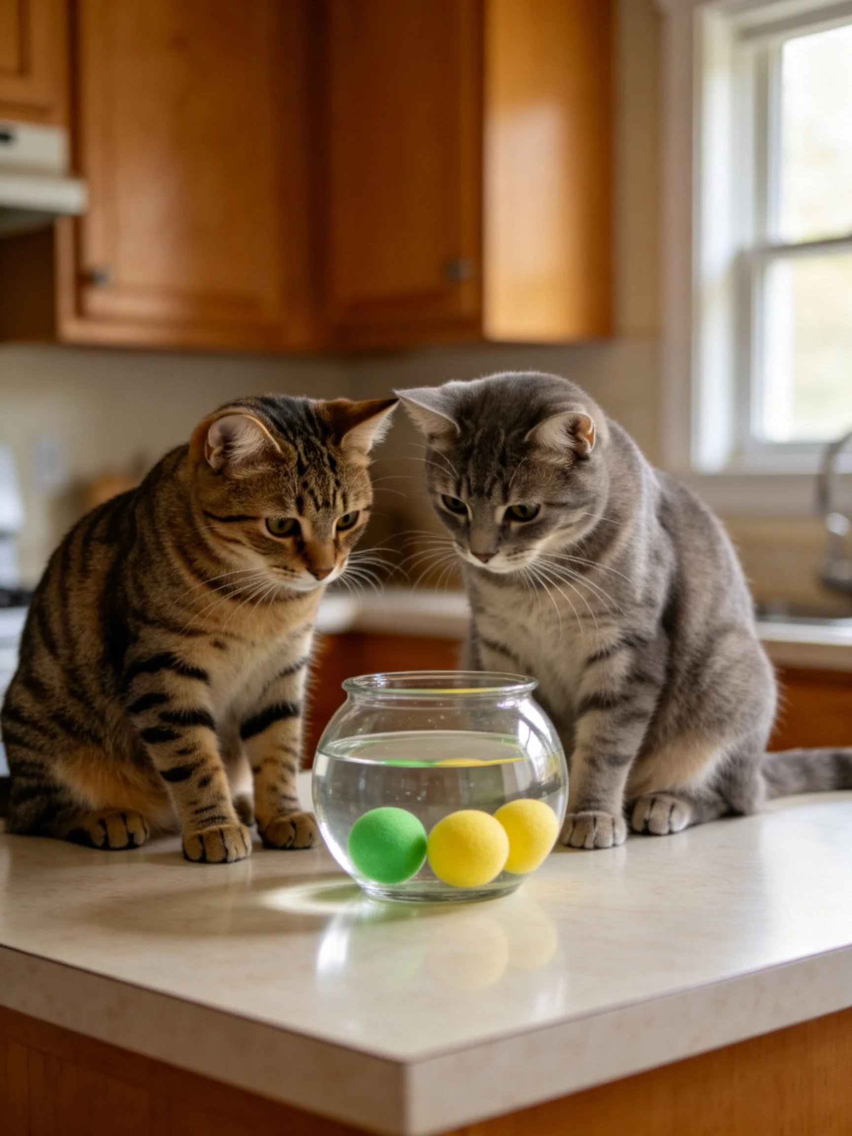 Two tabby cats examine colored balls in a glass jar on a kitchen counter