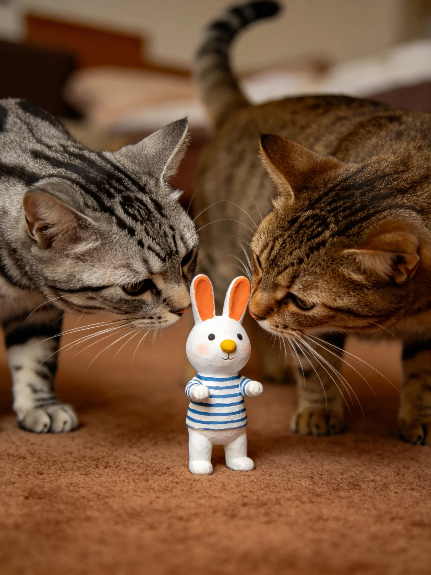 Two tabby cats curiously examine a small white rabbit figurine indoors.
