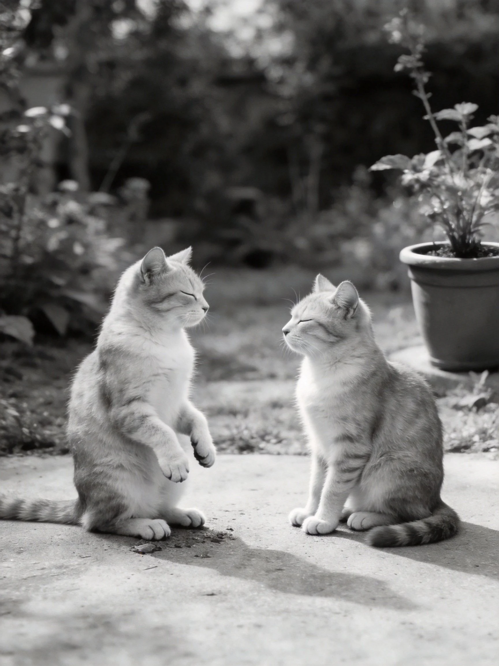 Two tabby cats interact near potted plants outdoors