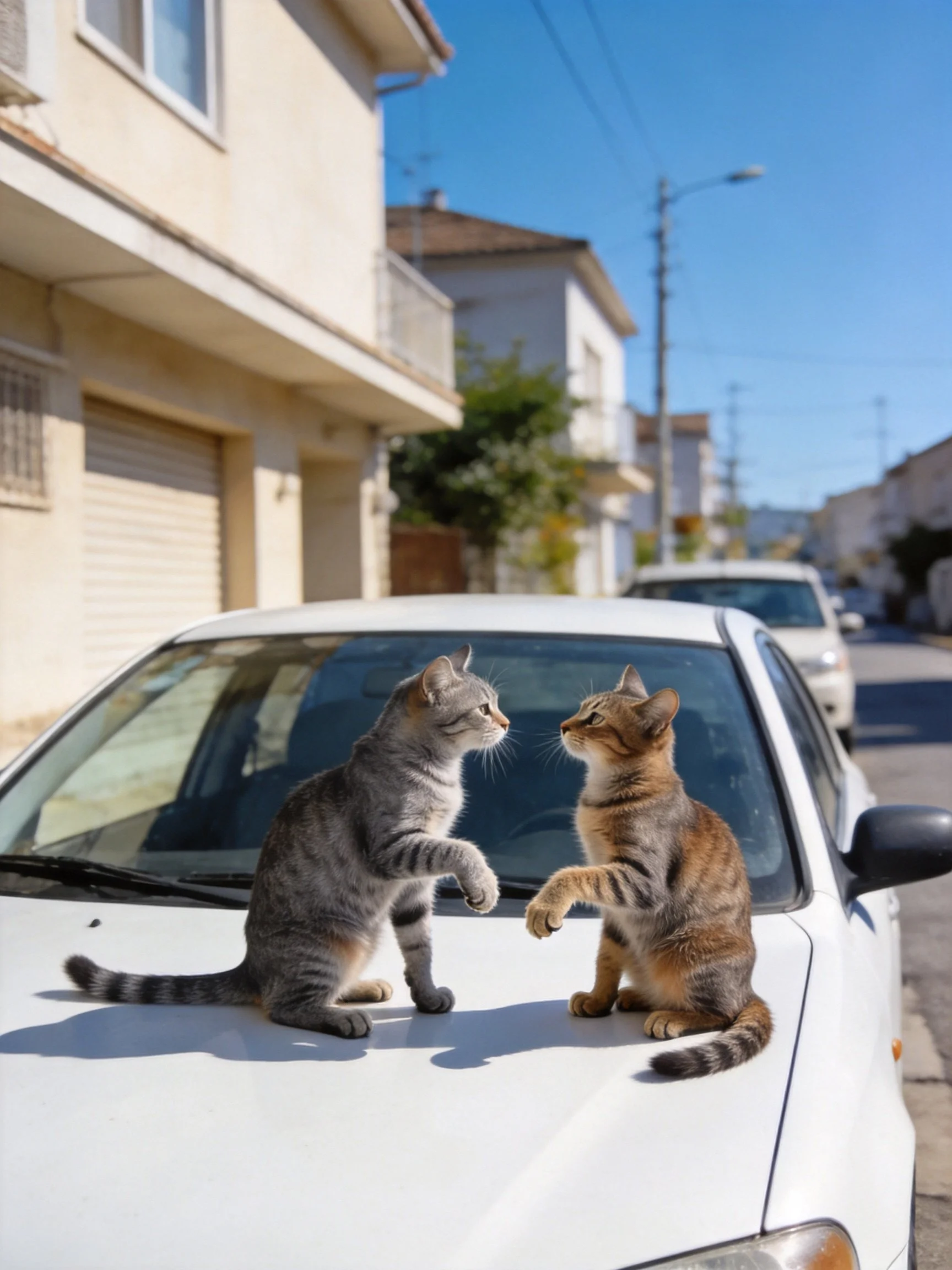 Two tabby cats interact on a white car in a sunny residential street