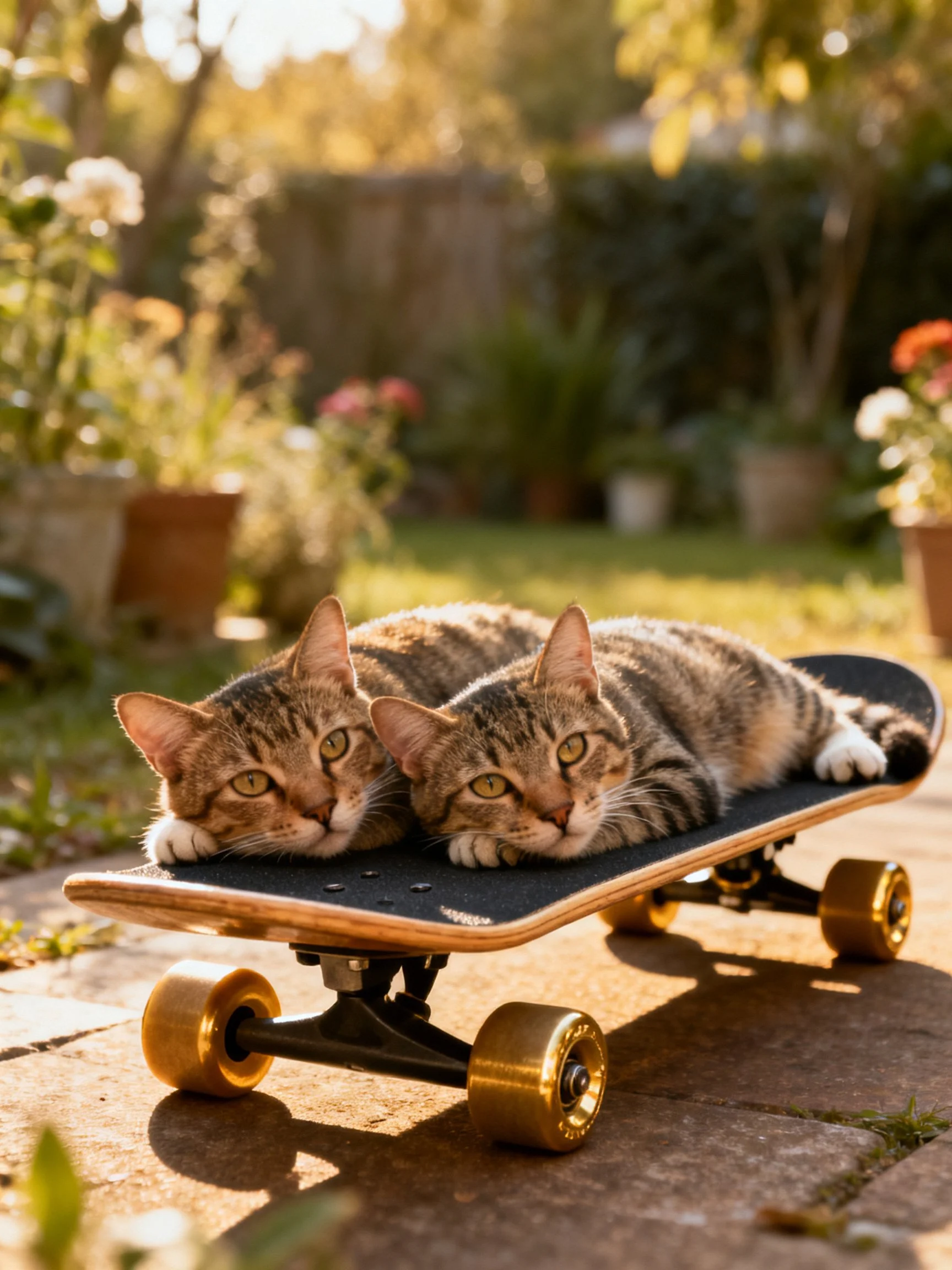 Two tabby cats lie on a black skateboard in a sunlit garden