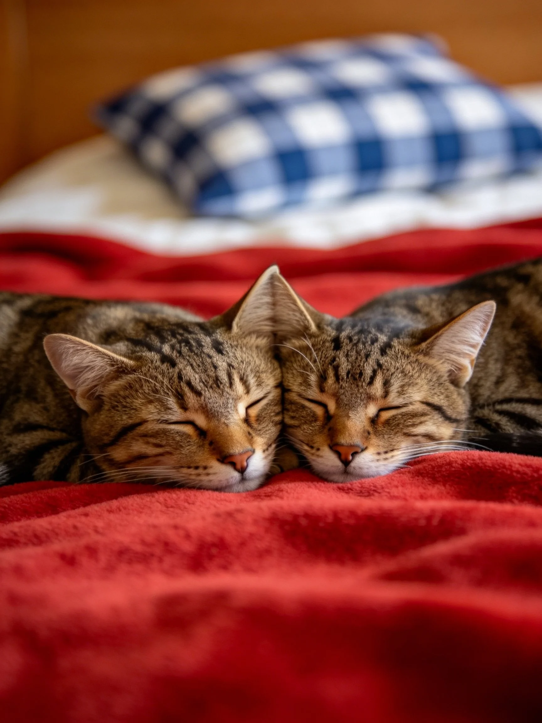 Two tabby cats napping closely on a red blanket beside a blue-checkered pillow
