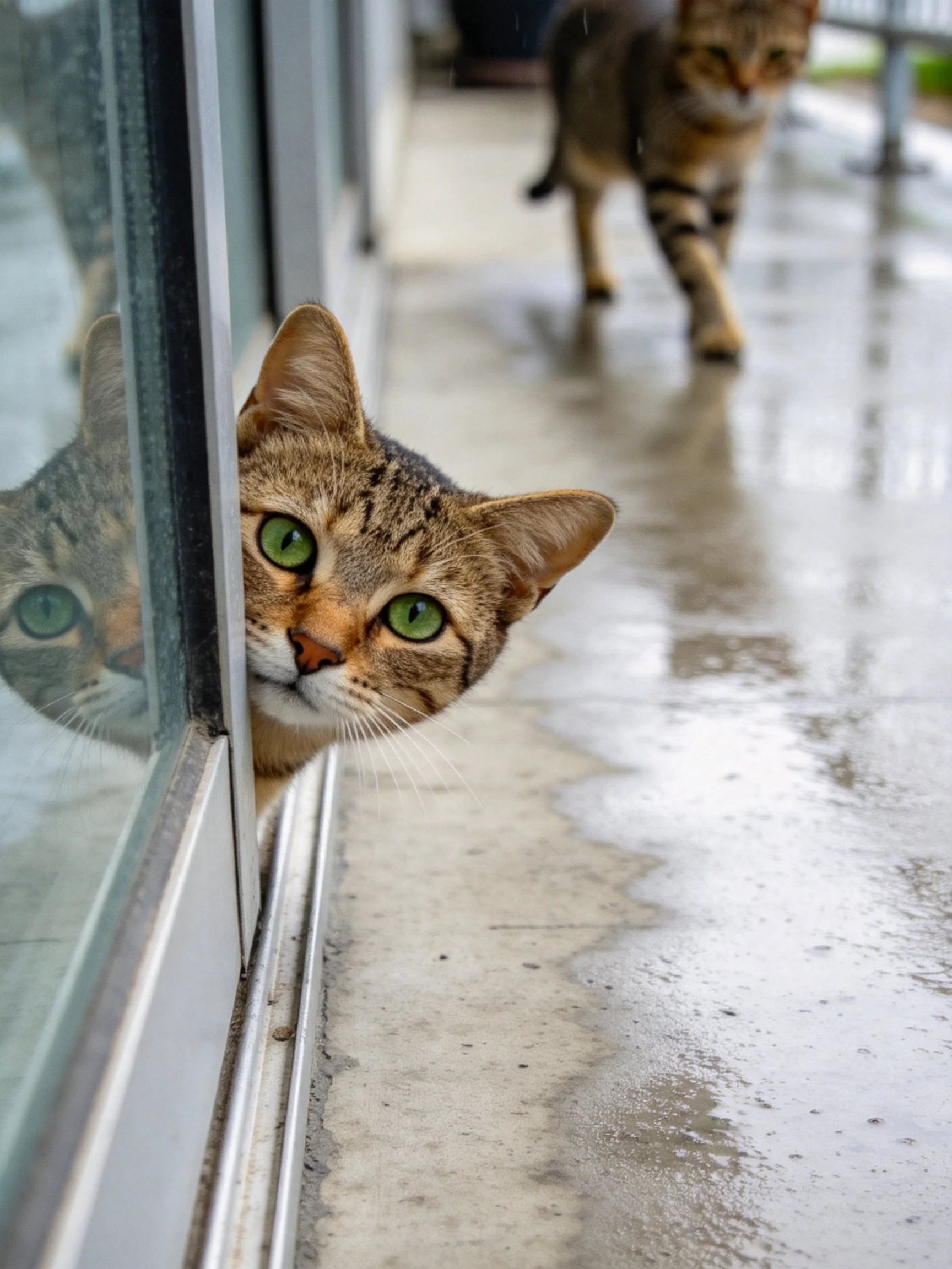 Two tabby cats near a glass window on a wet walkway