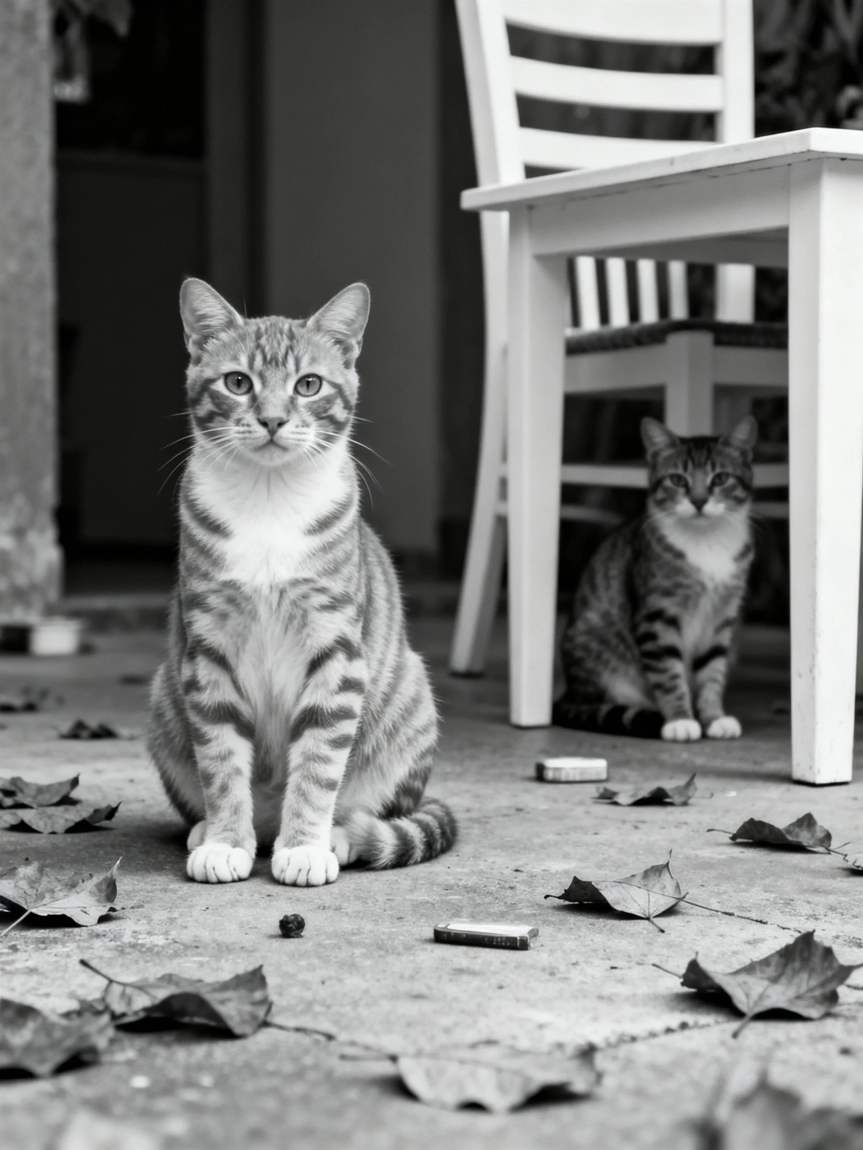 Two tabby cats near white furniture with scattered leaves