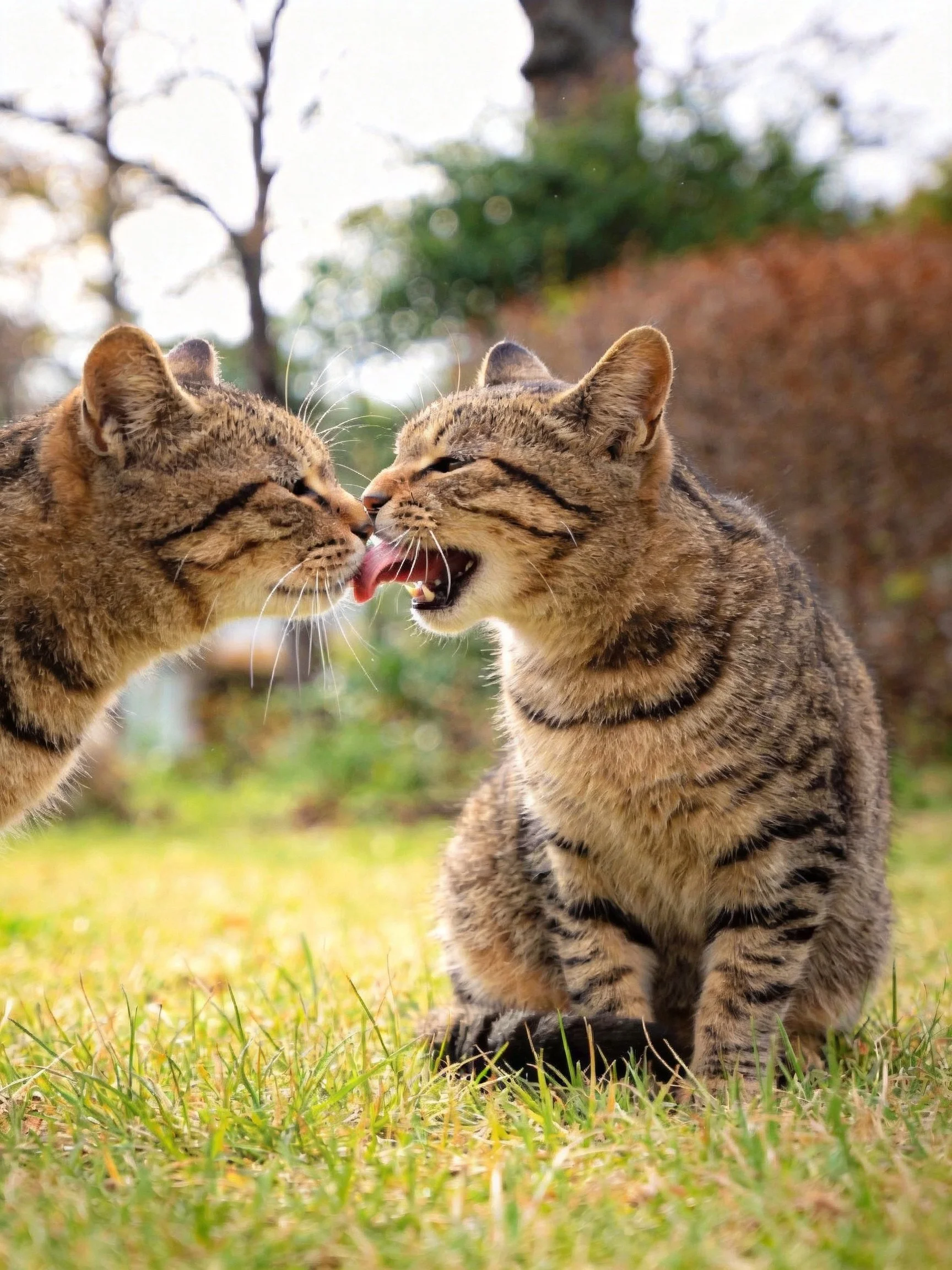 Two tabby cats nuzzling and licking on a grassy lawn
