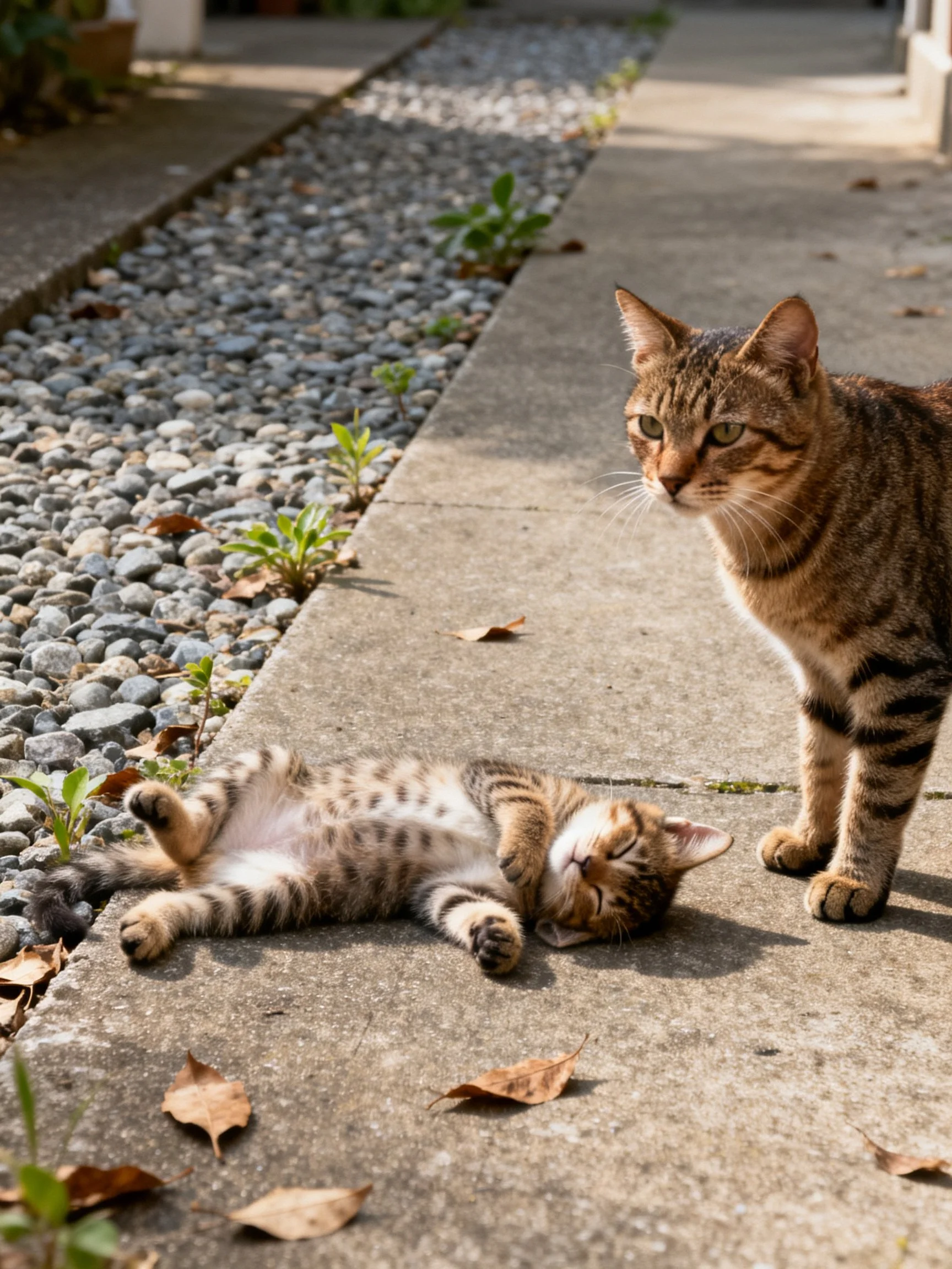 Two tabby cats on a sunlit concrete path near pebbles