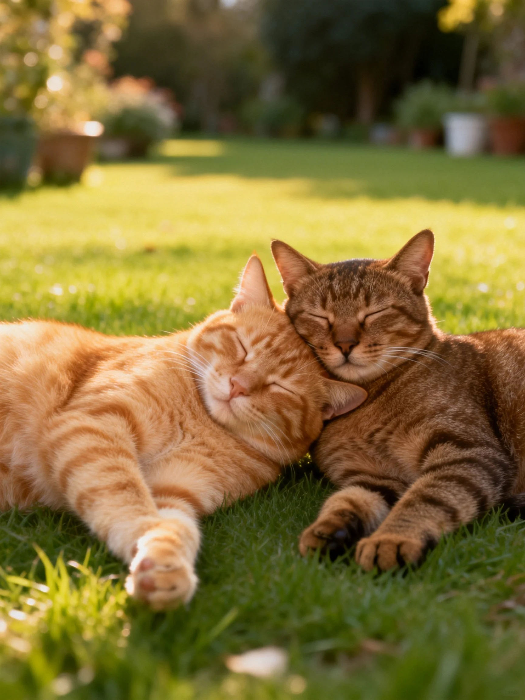 Two tabby cats, one orange and one brown, napping on a sunlit lawn