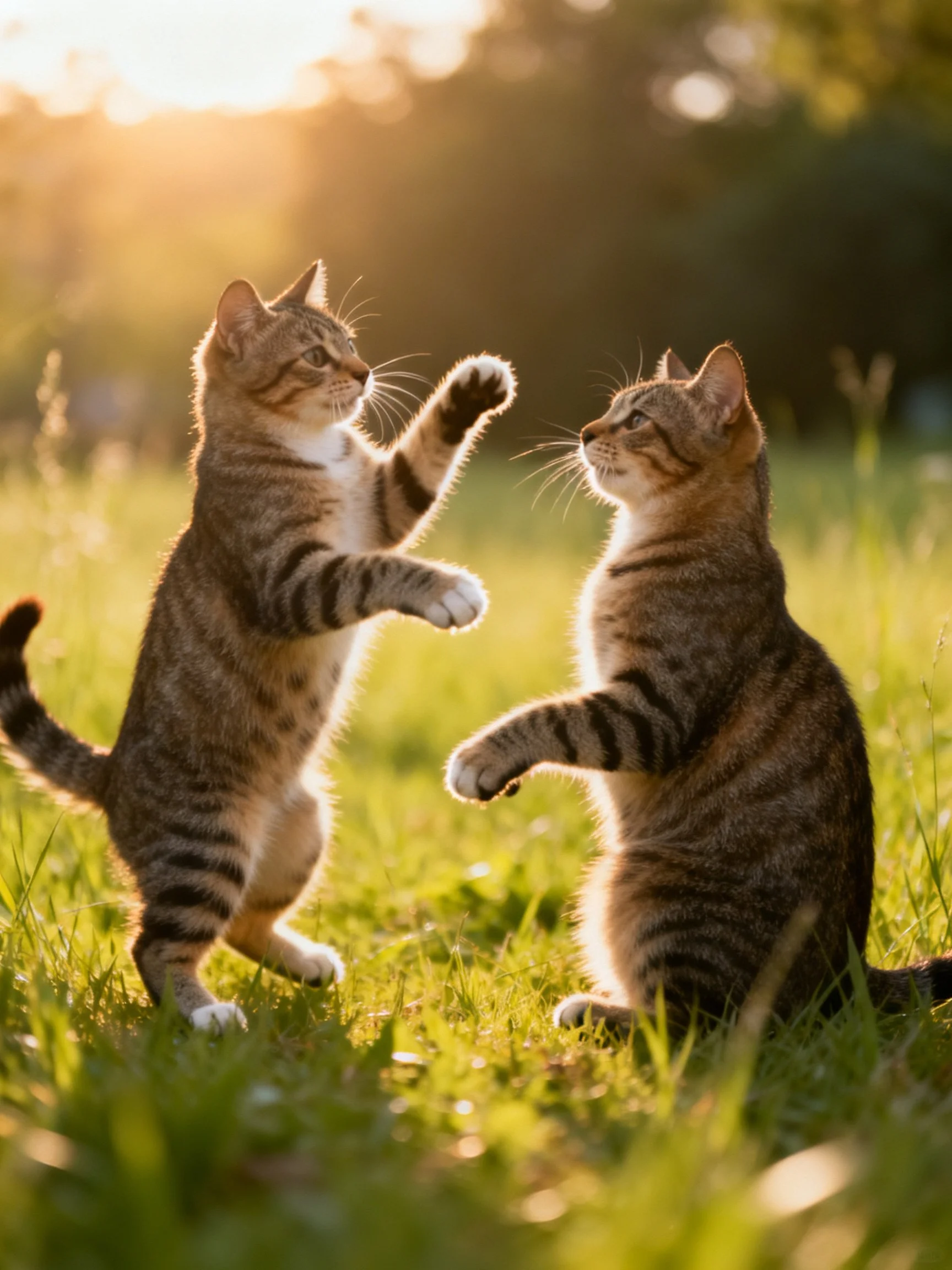 Two tabby cats playfully batting paws in sunlit grass