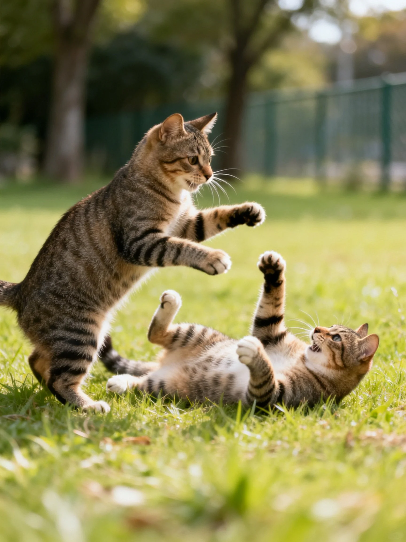 Two tabby cats playfully wrestling on a lush green lawn.