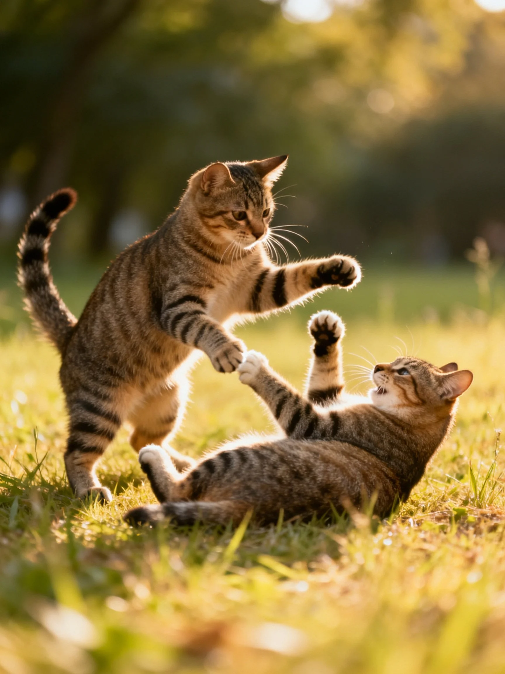 Two tabby cats playfully wrestling on a sunlit grassy field