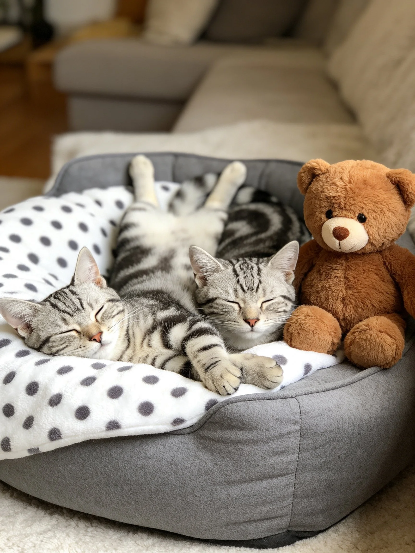 Two tabby cats rest in a gray pet bed beside a brown teddy bear