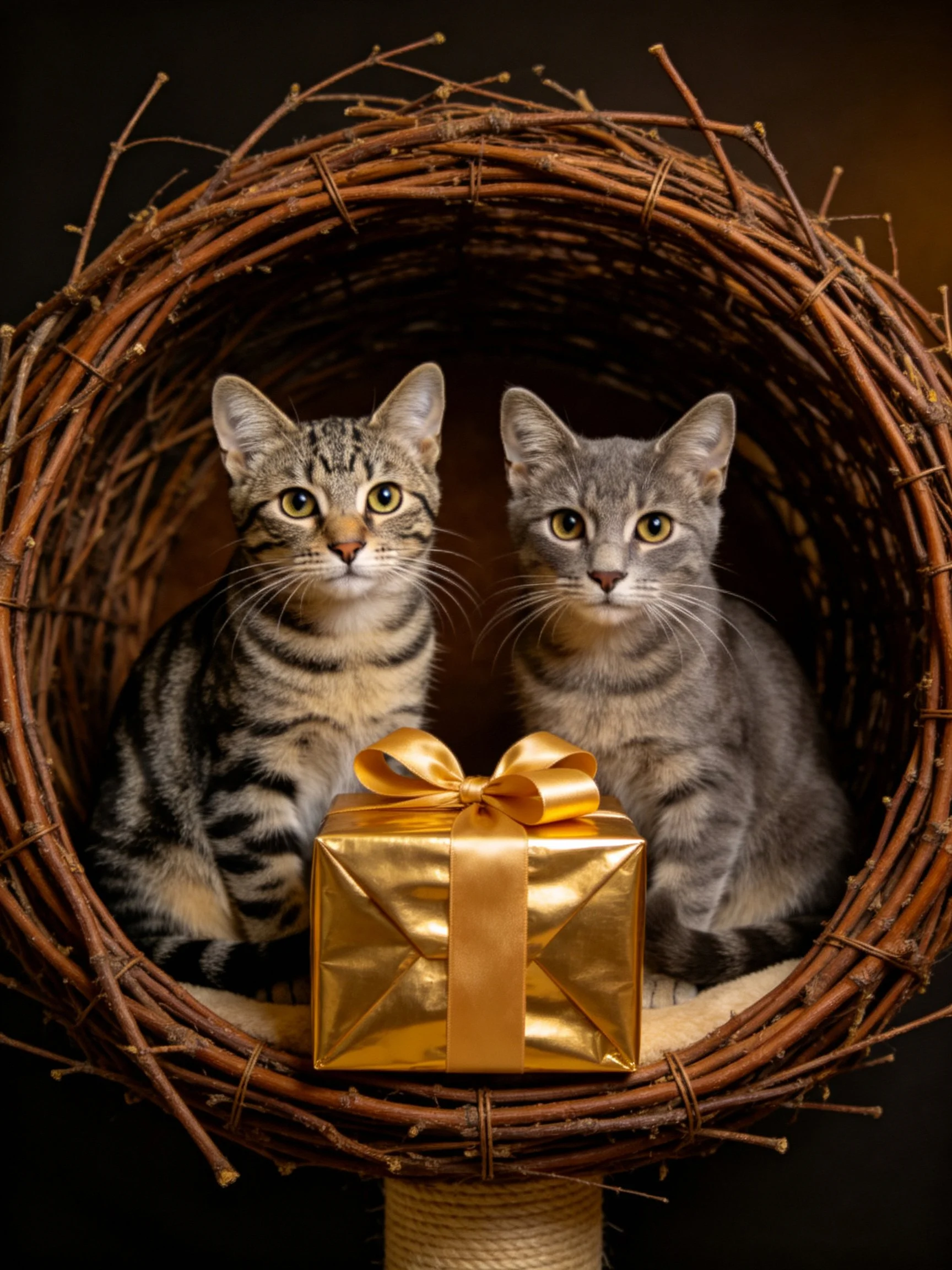 Two tabby cats rest in a wicker nest beside a golden gift box