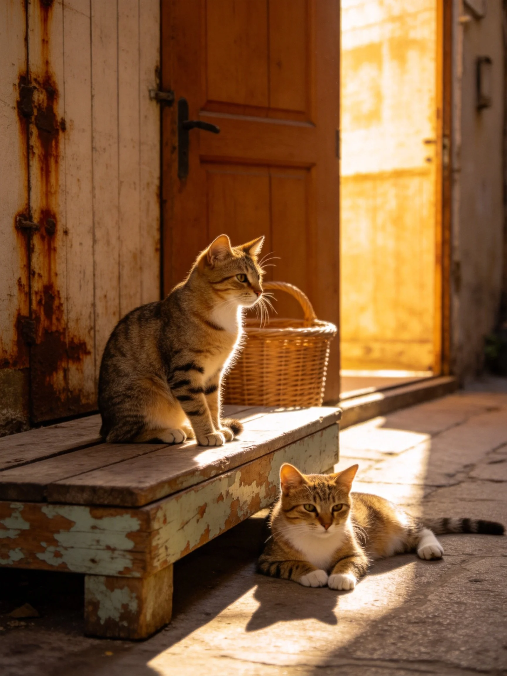 Two tabby cats rest near a weathered wooden structure with golden sunlight