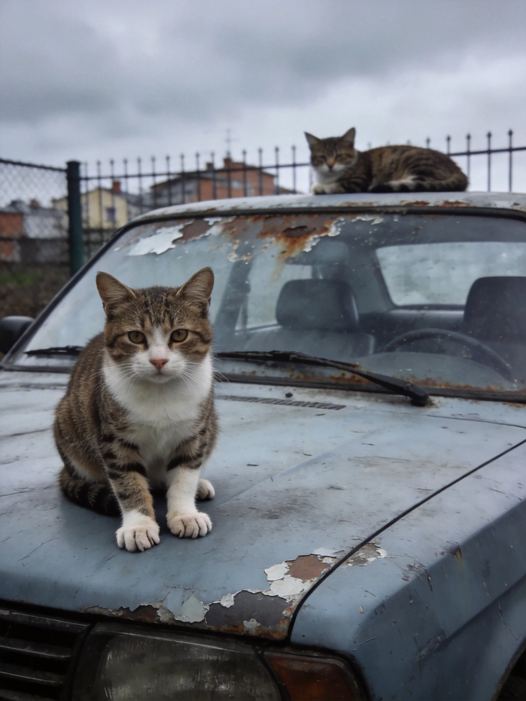 Two tabby cats rest on a weathered blue car with peeling paint