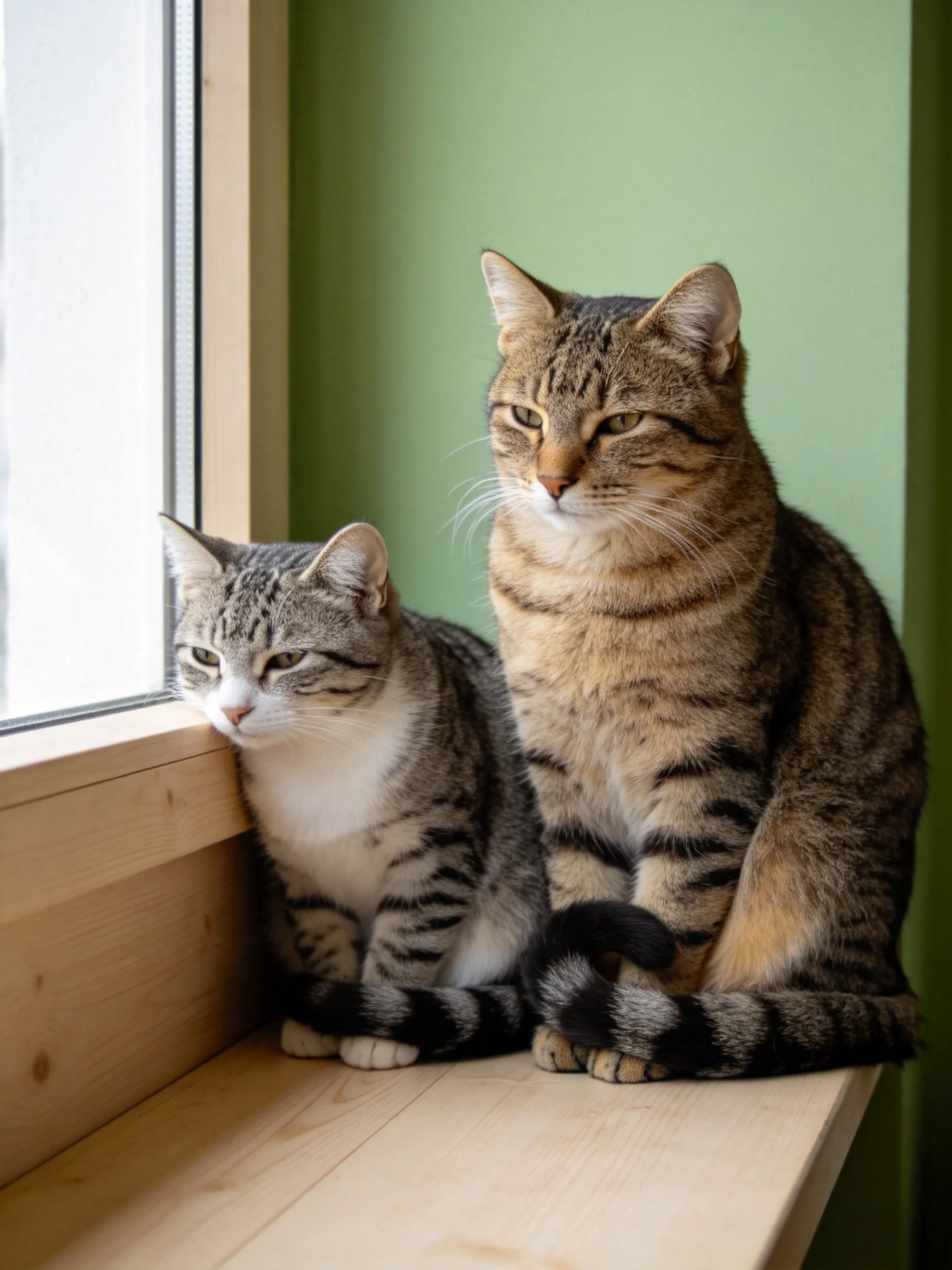 Two tabby cats rest on a wooden windowsill by a green wall