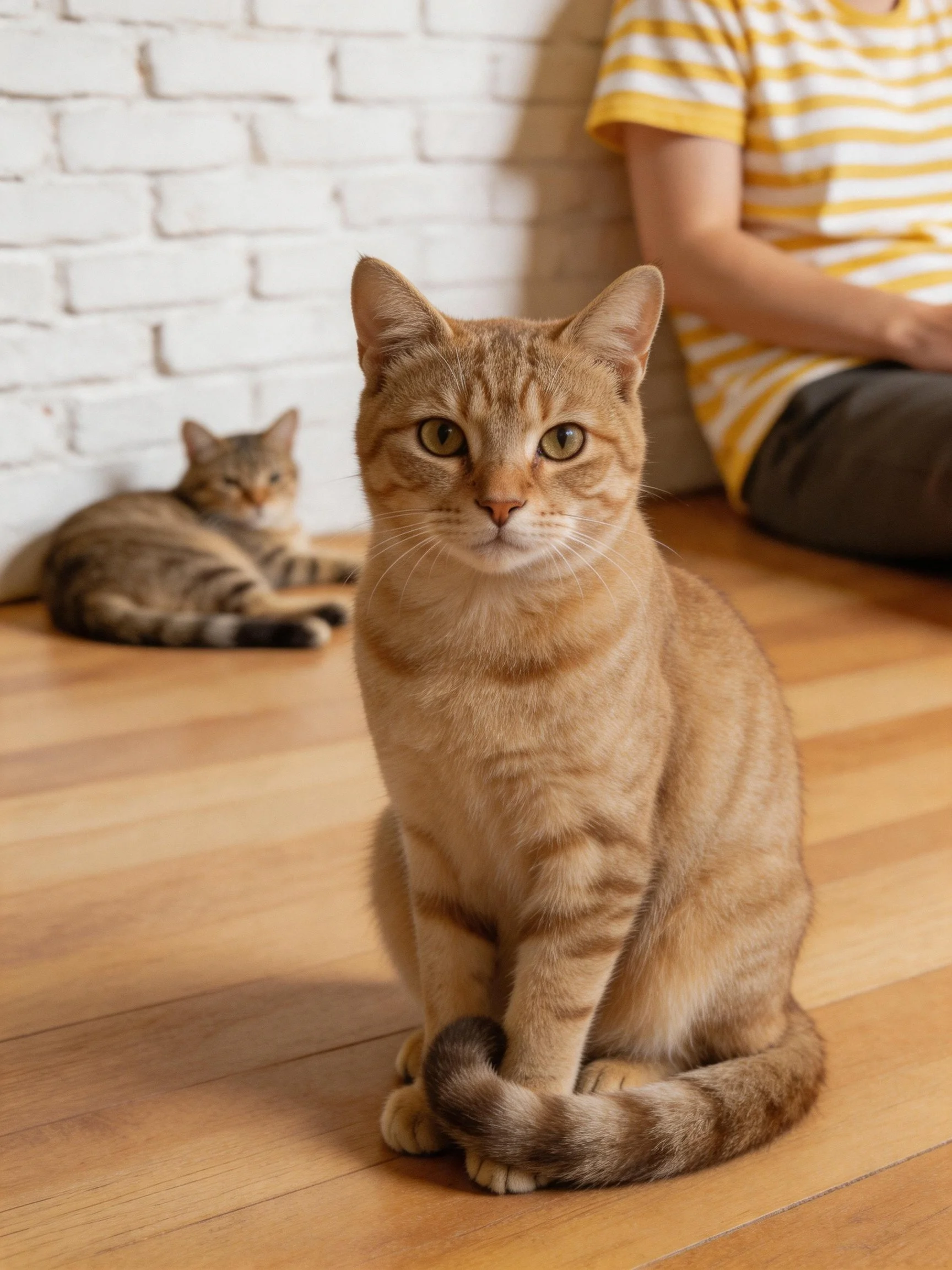 Two tabby cats rest on wooden flooring near a white brick wall