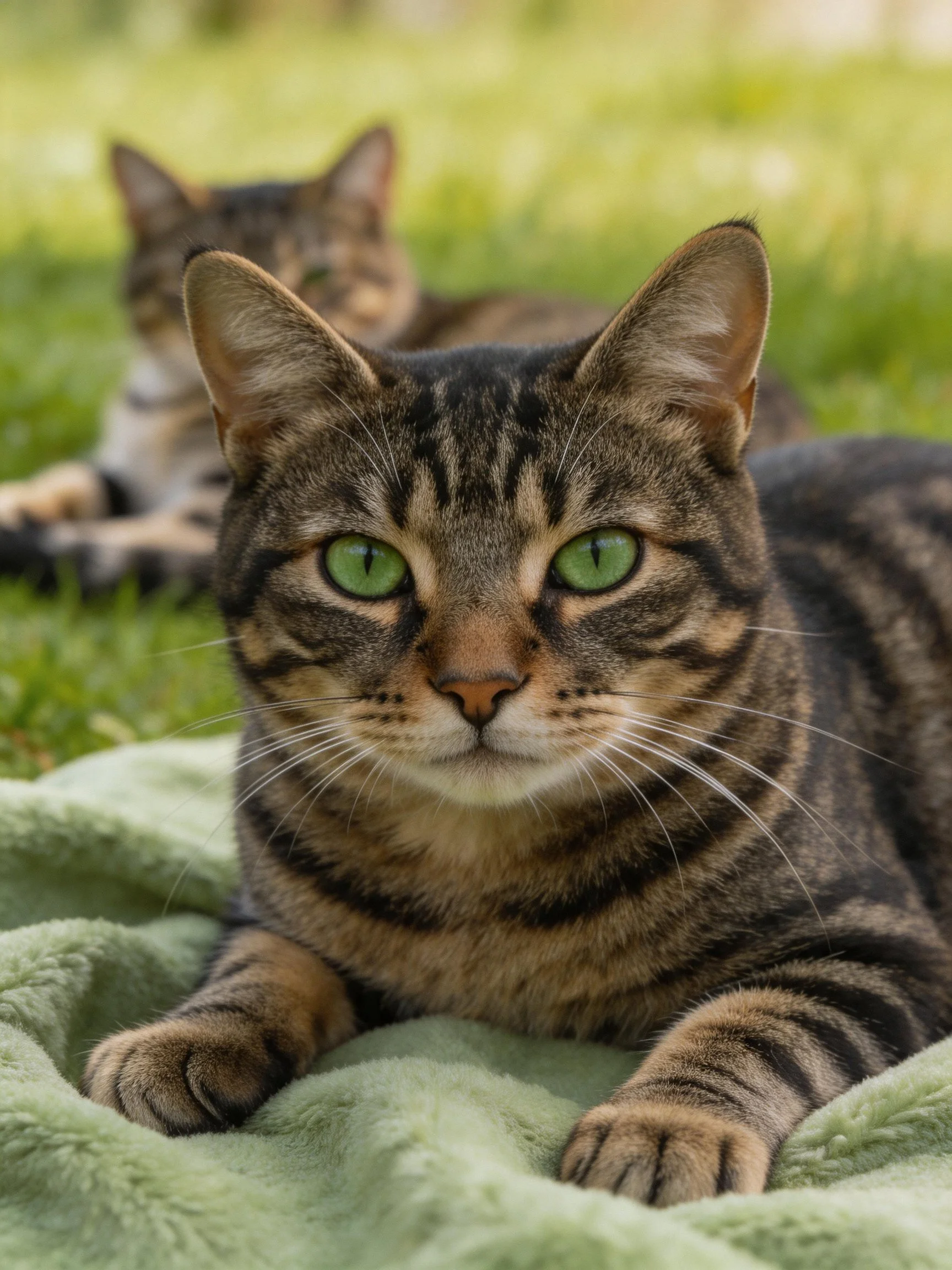 Two tabby cats rest—one on a green blanket, another in the grass.