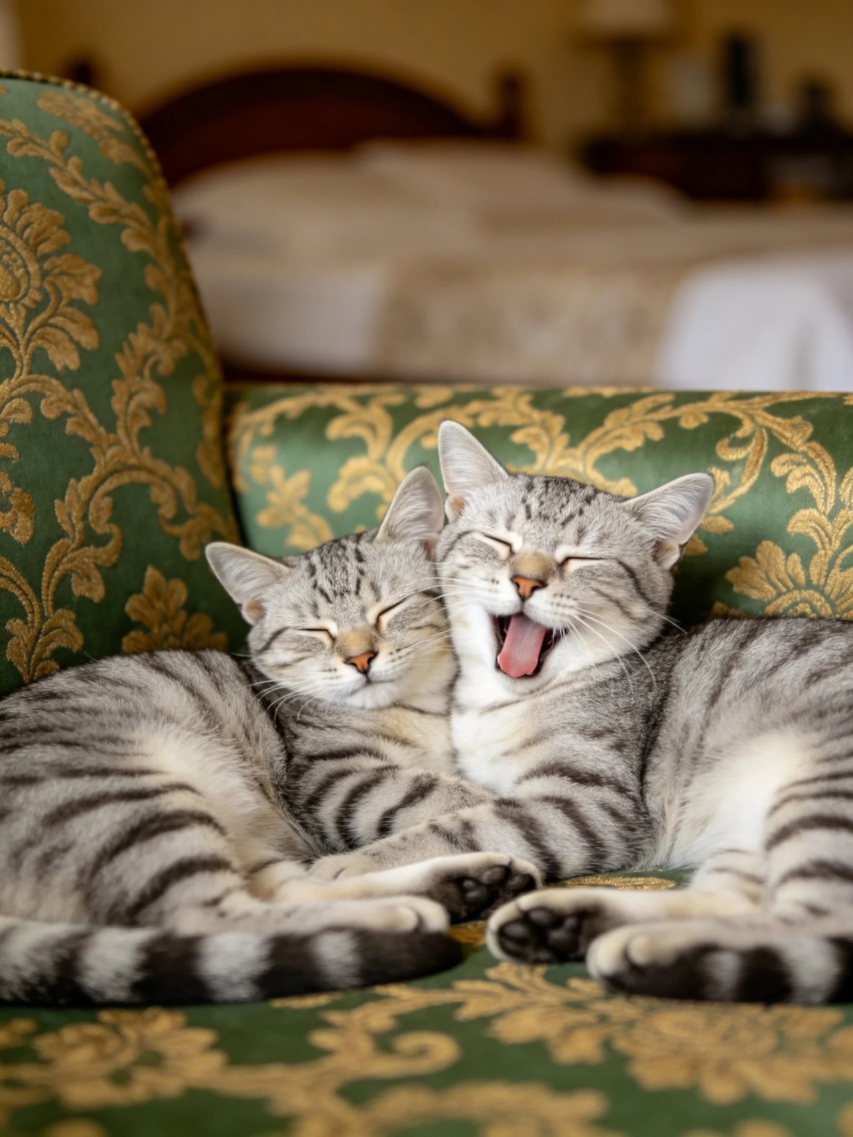Two tabby cats resting on an ornate green and gold chair