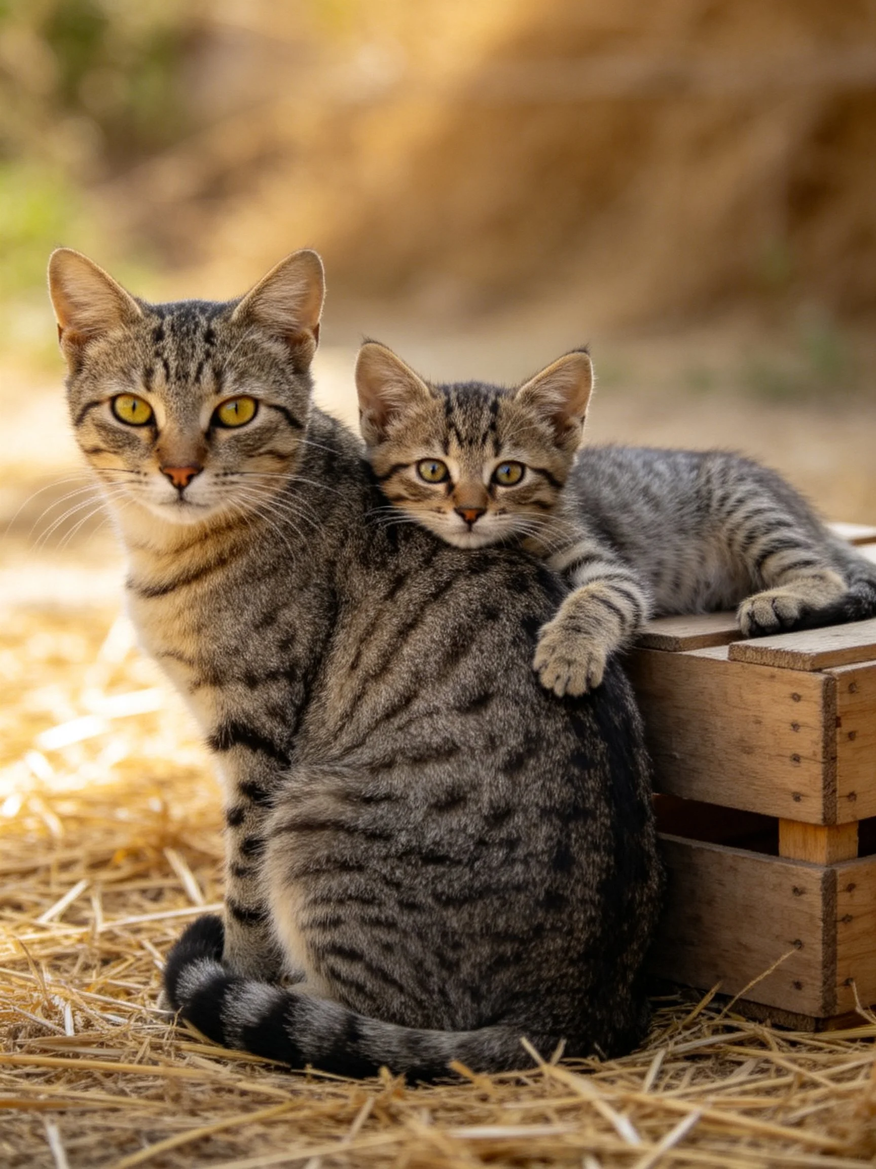 Two tabby cats resting on straw beside a wooden crate