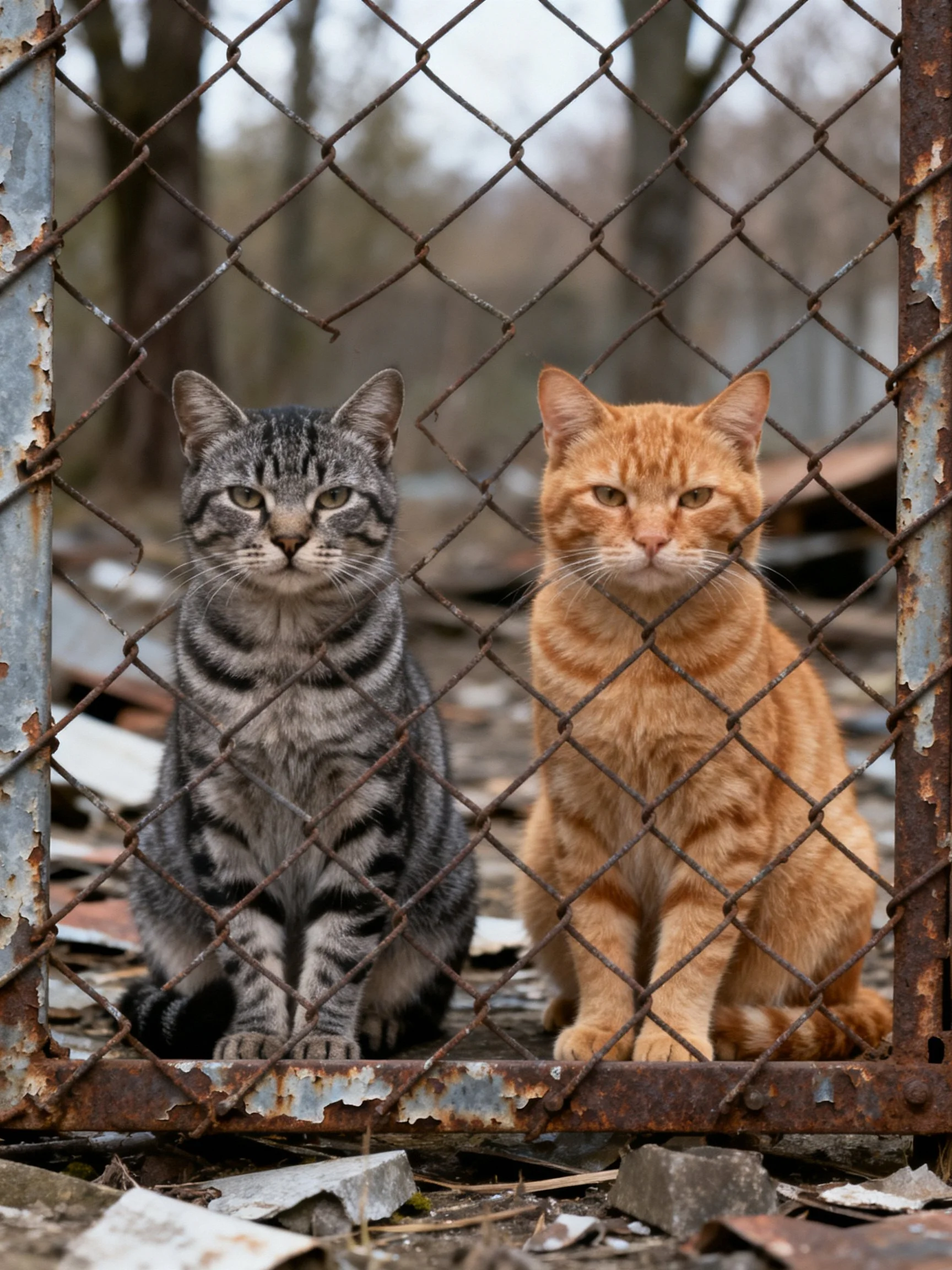 Two tabby cats sit behind a rusted chain-link fence