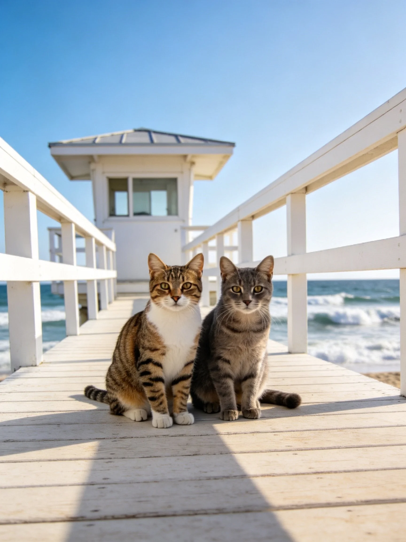 Two tabby cats sit on a white wooden pier near an ocean lifeguard tower