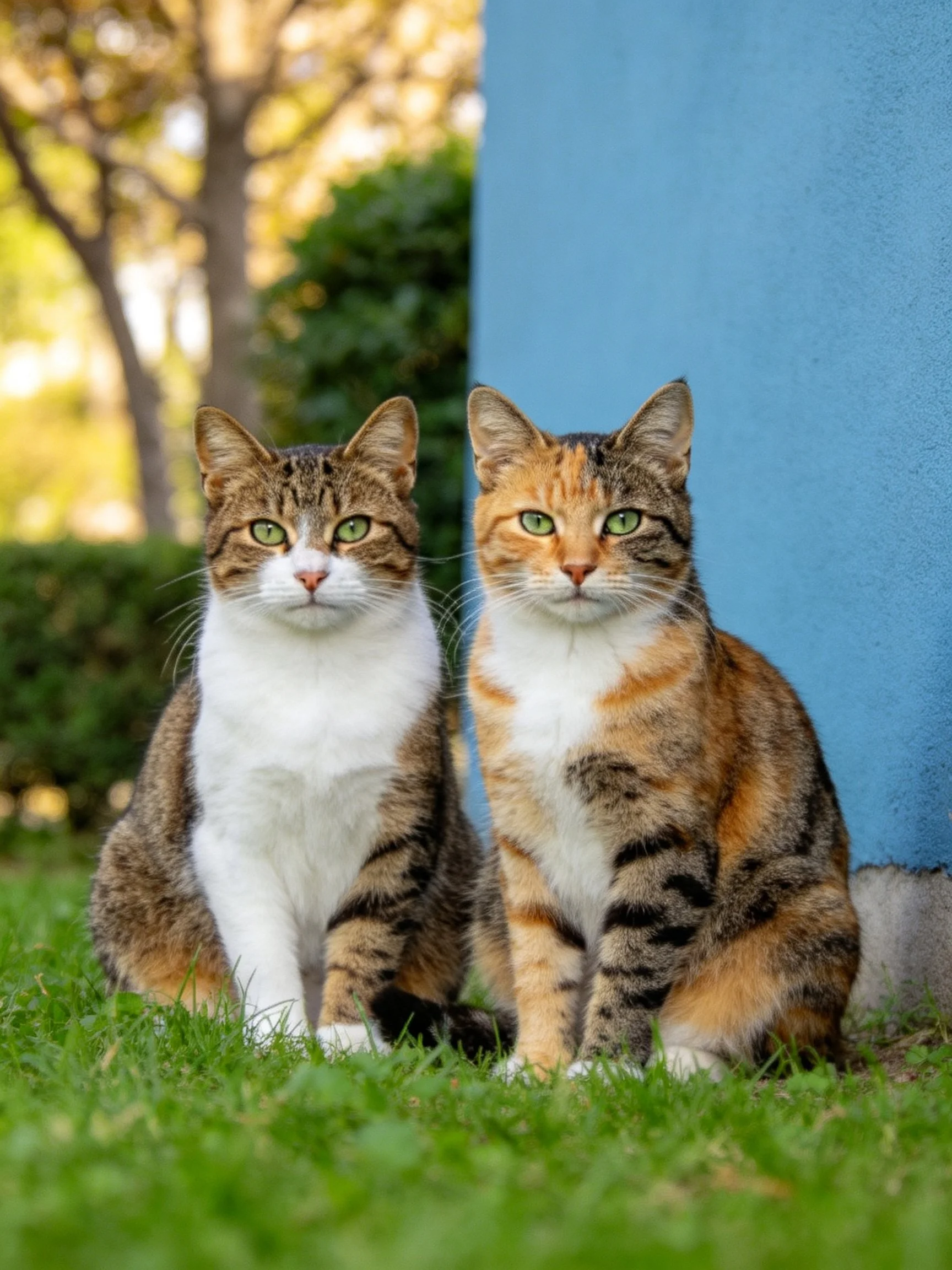 Two tabby cats sit on green grass beside a blue structure