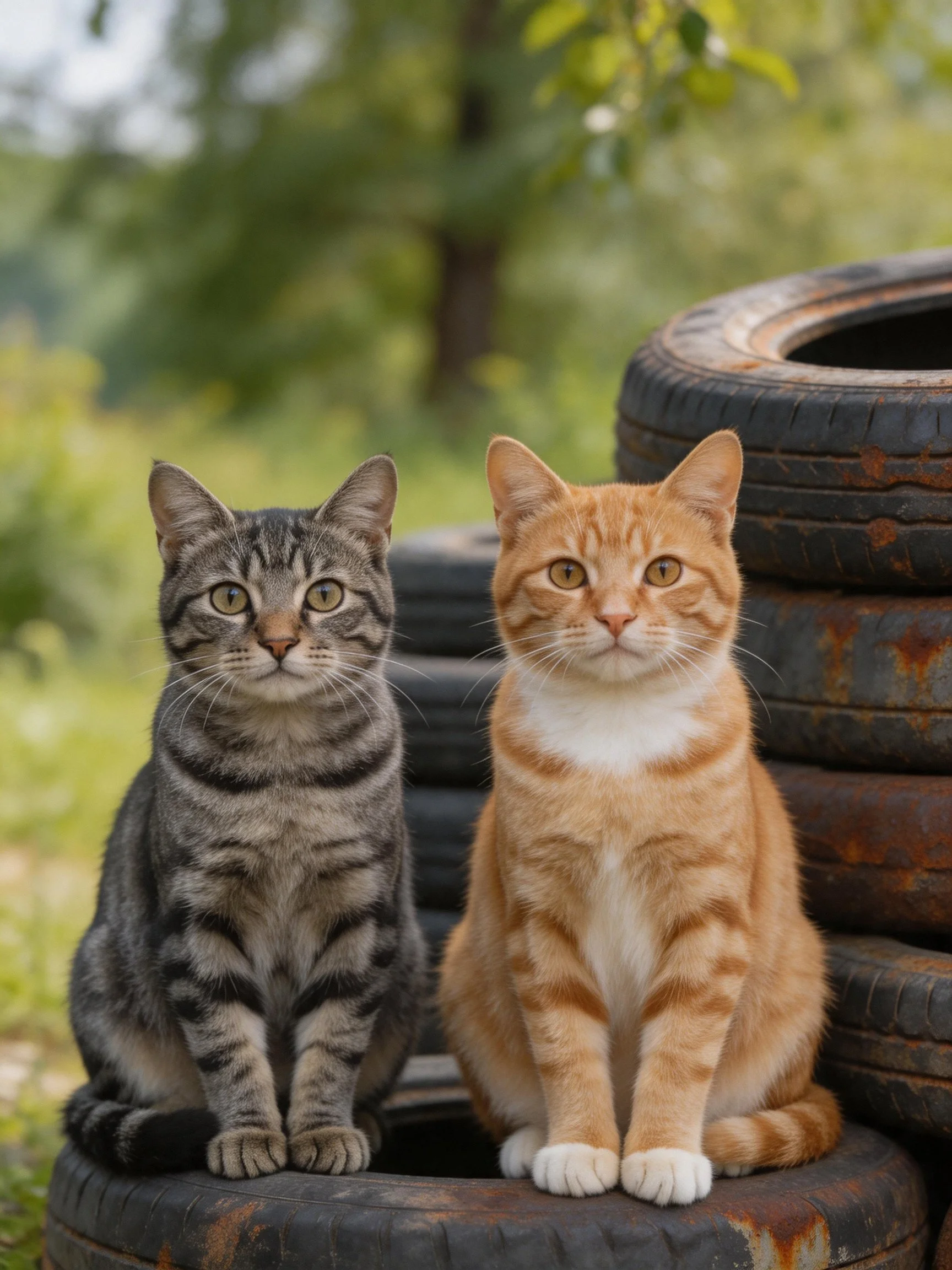 Two tabby cats sit together on stacked tires in an outdoor area.