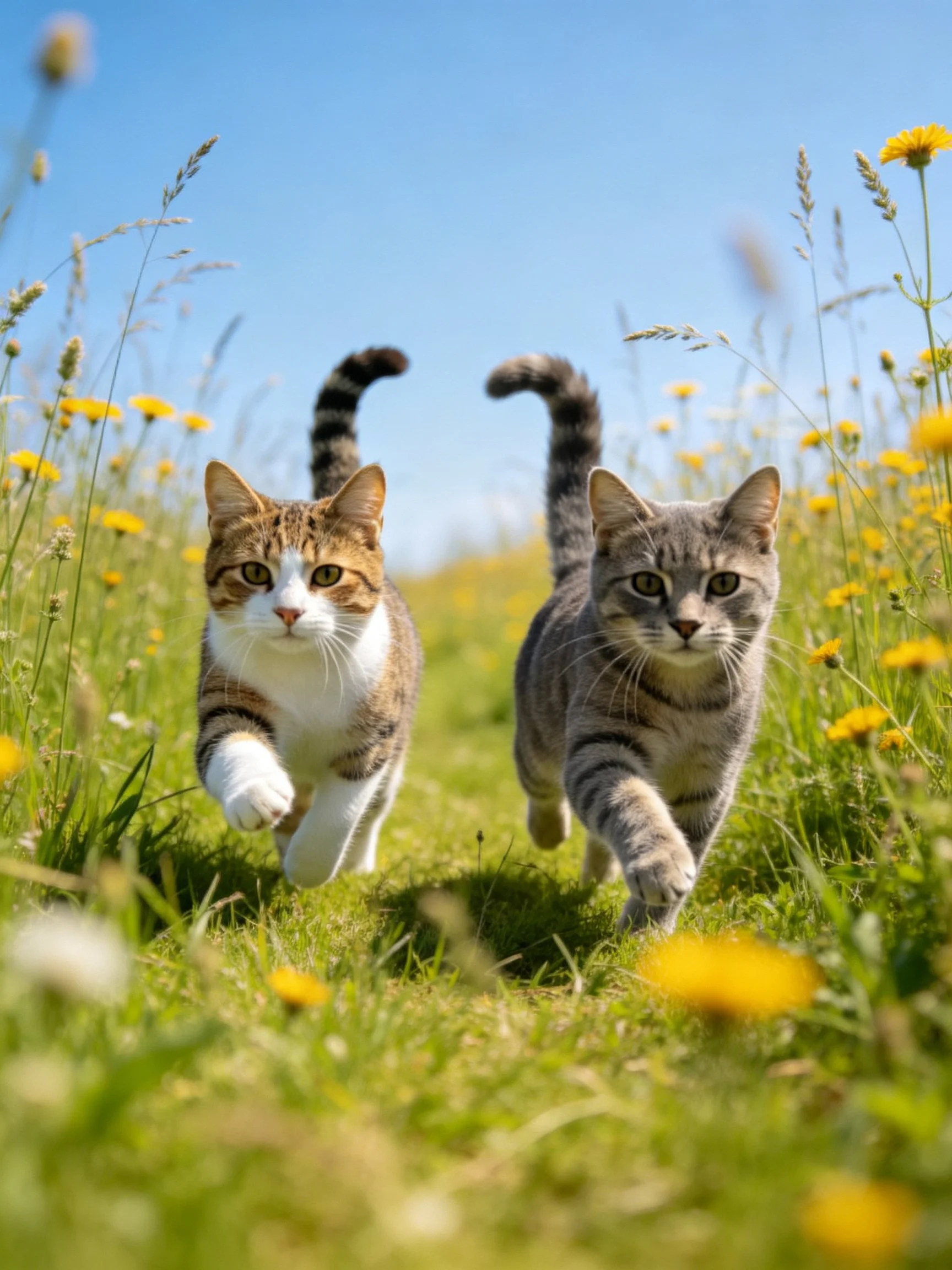 Two tabby cats sprinting through a flower-filled meadow under bright blue sky