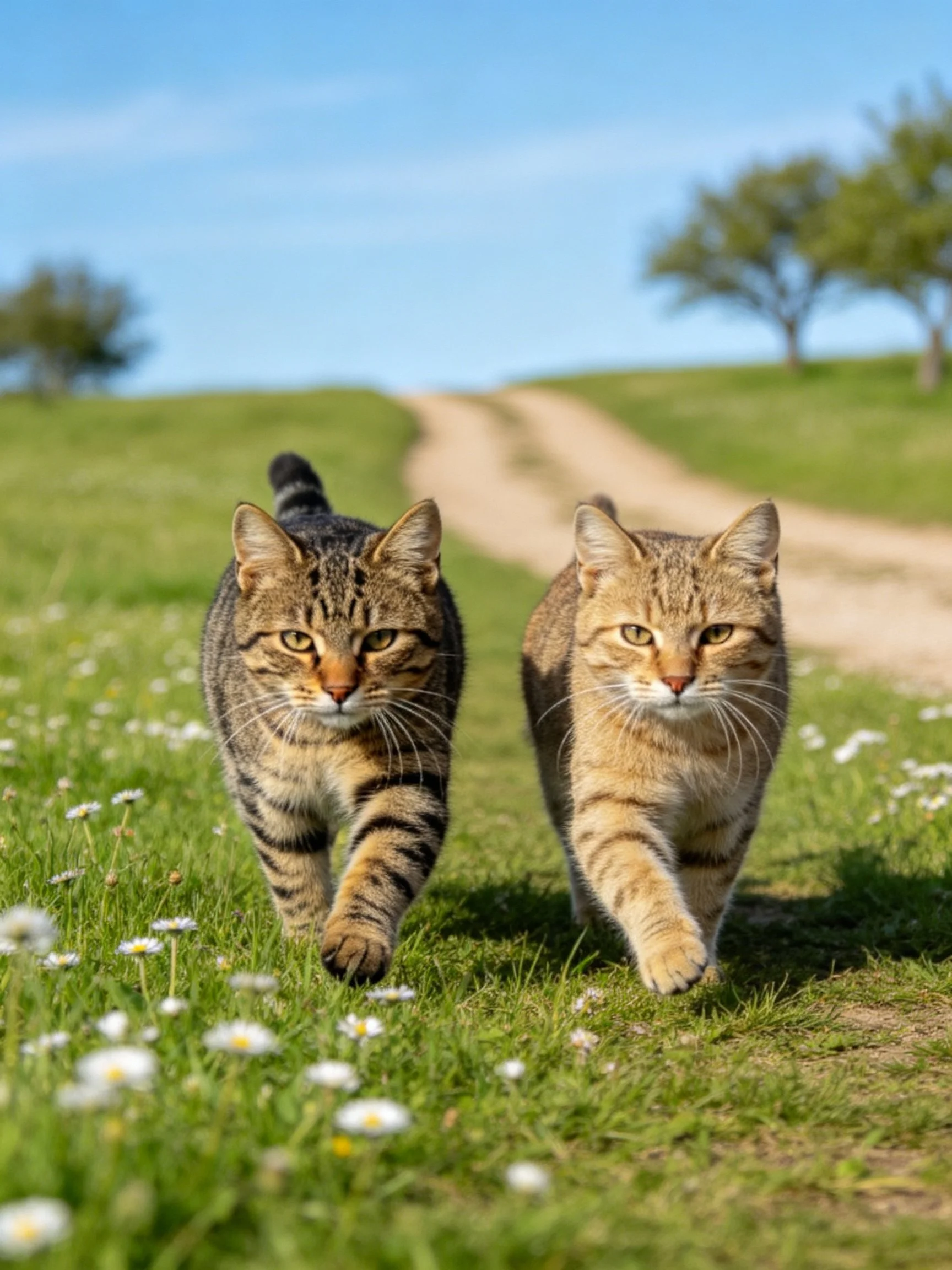 Two tabby cats walk along a flowered meadow beside a dirt path