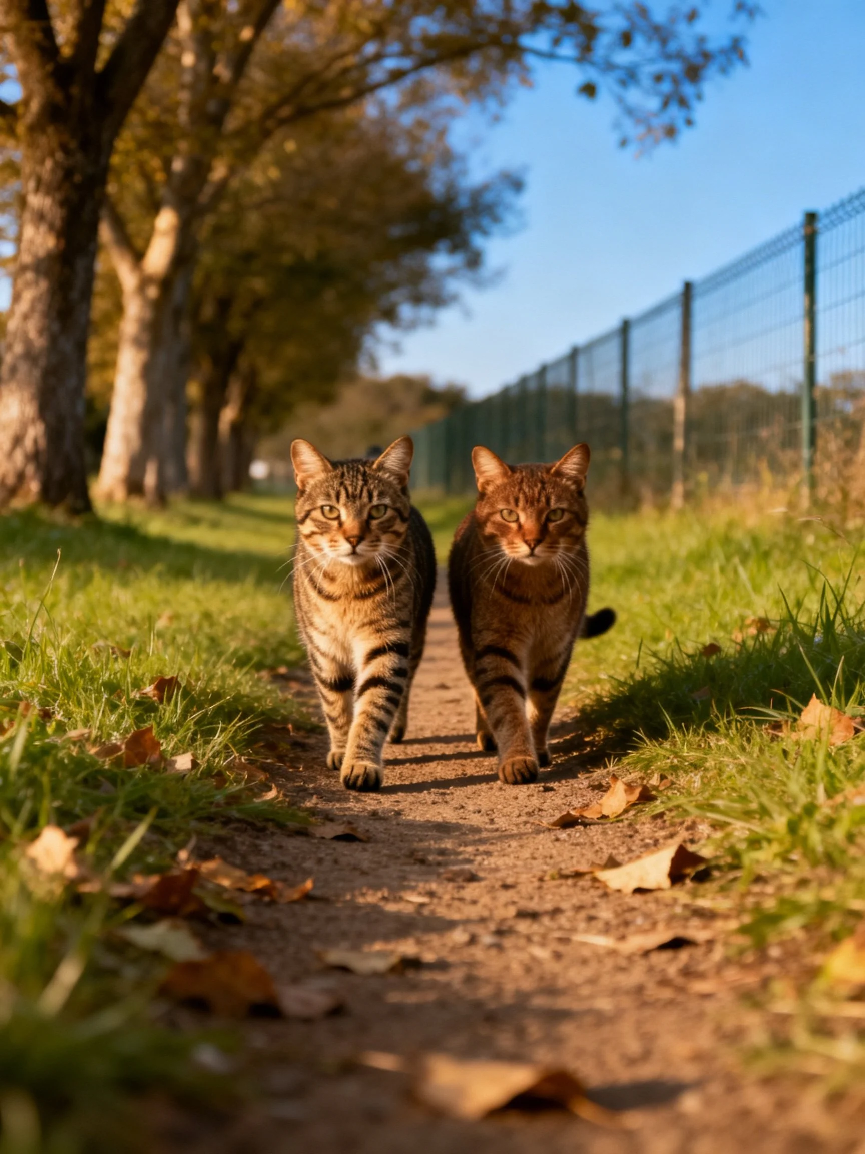 Two tabby cats walk along a sunlit dirt path near trees