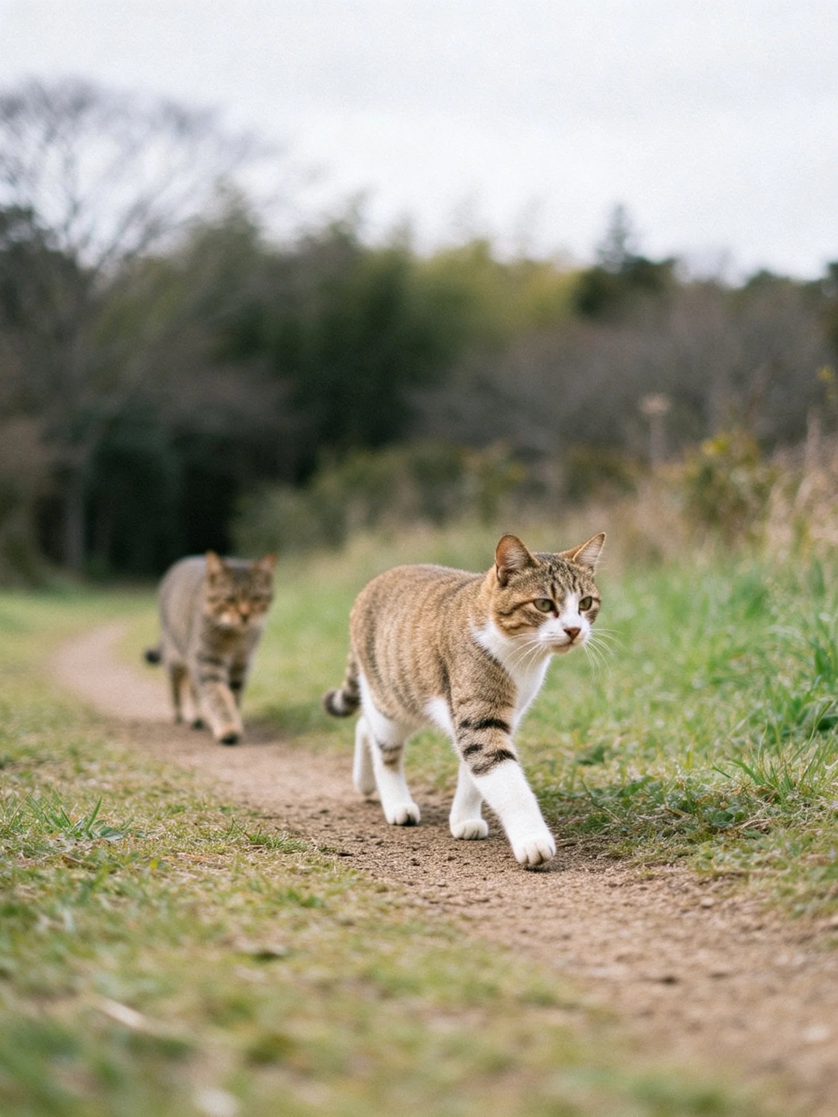 Two tabby cats walk on a dirt path near grassy fields