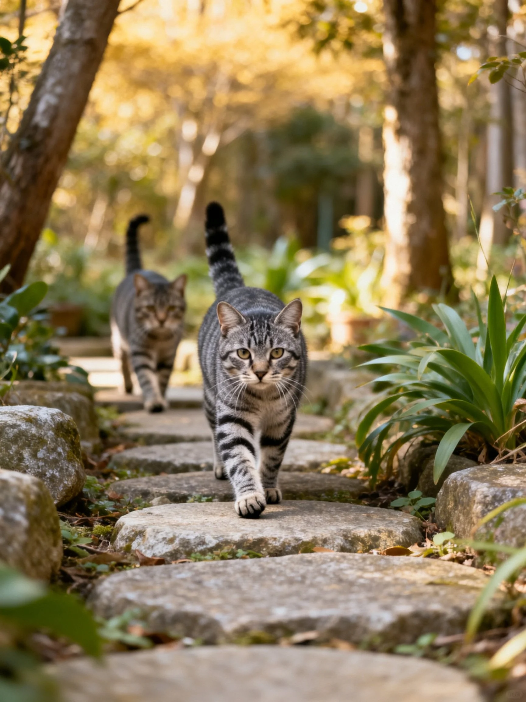 Two tabby cats walk together on a stone path in a sunlit forest.