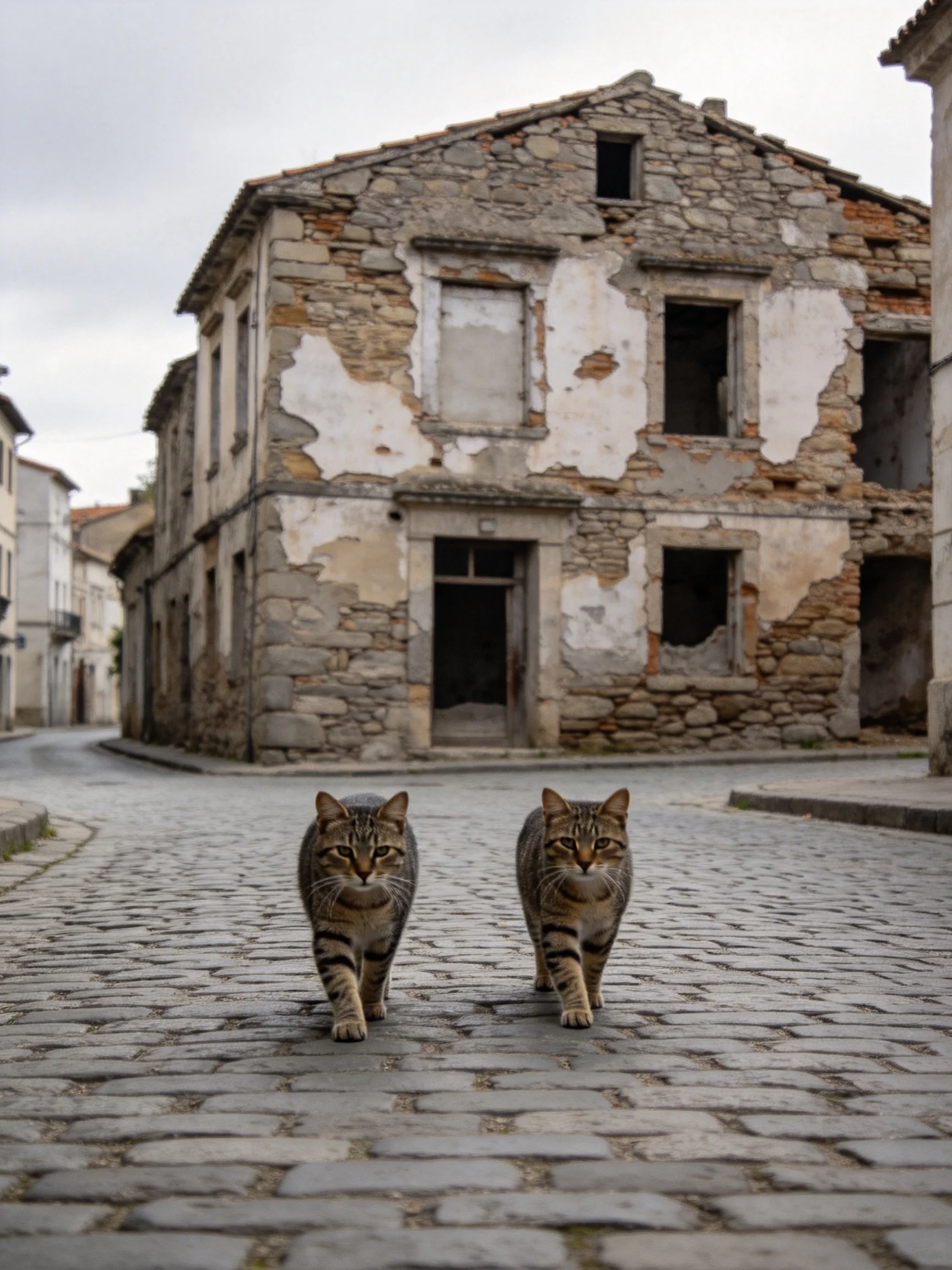 Two tabby cats walk past a weathered stone building on cobblestones