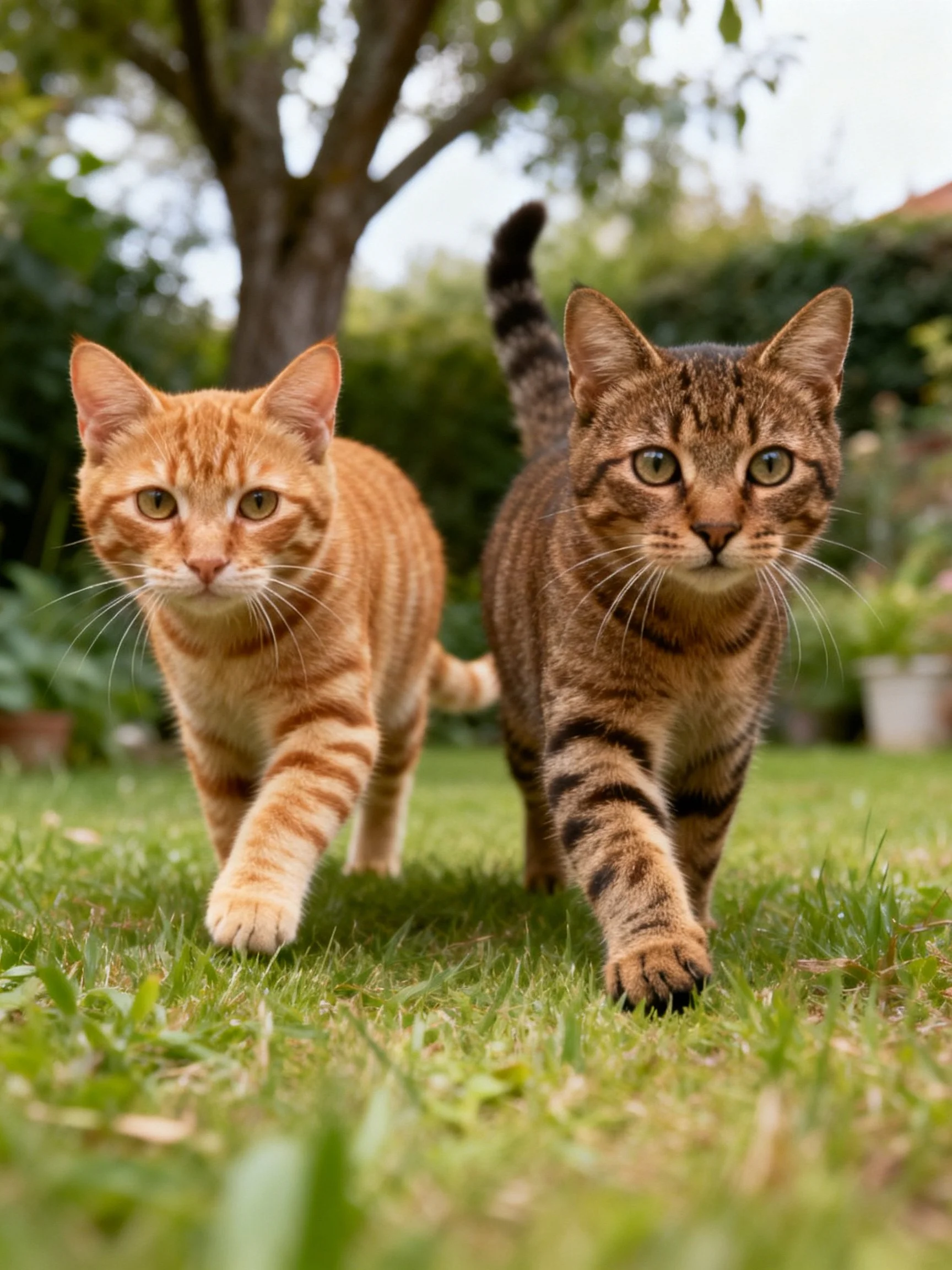 Two tabby cats walk side by side on green grass