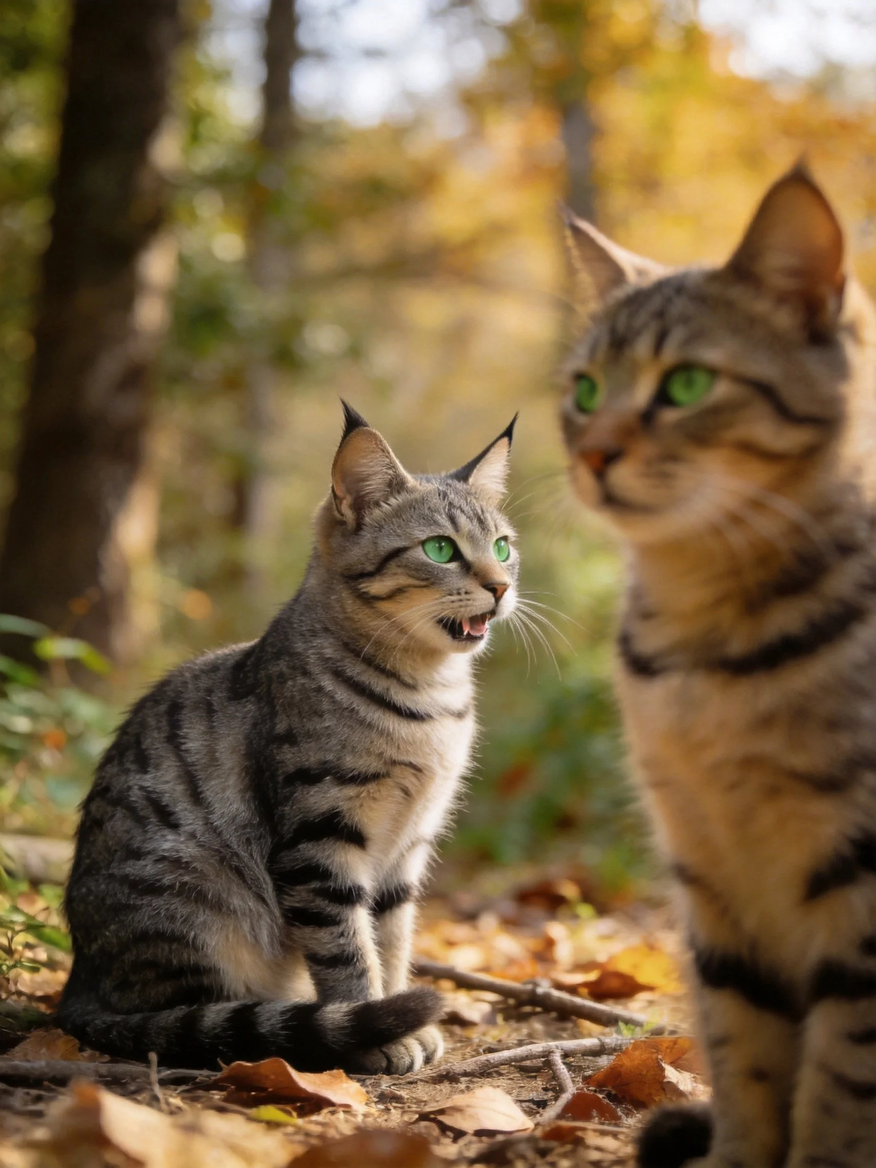 Two tabby cats with green eyes amid autumn foliage